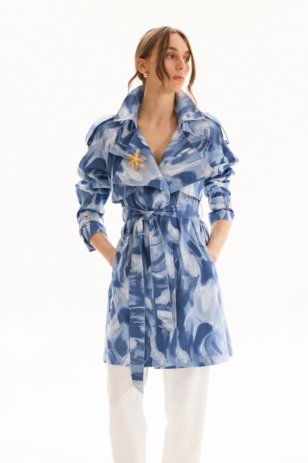 Missemramiss Desen Detay Denim Trençkot 4818 Mavi