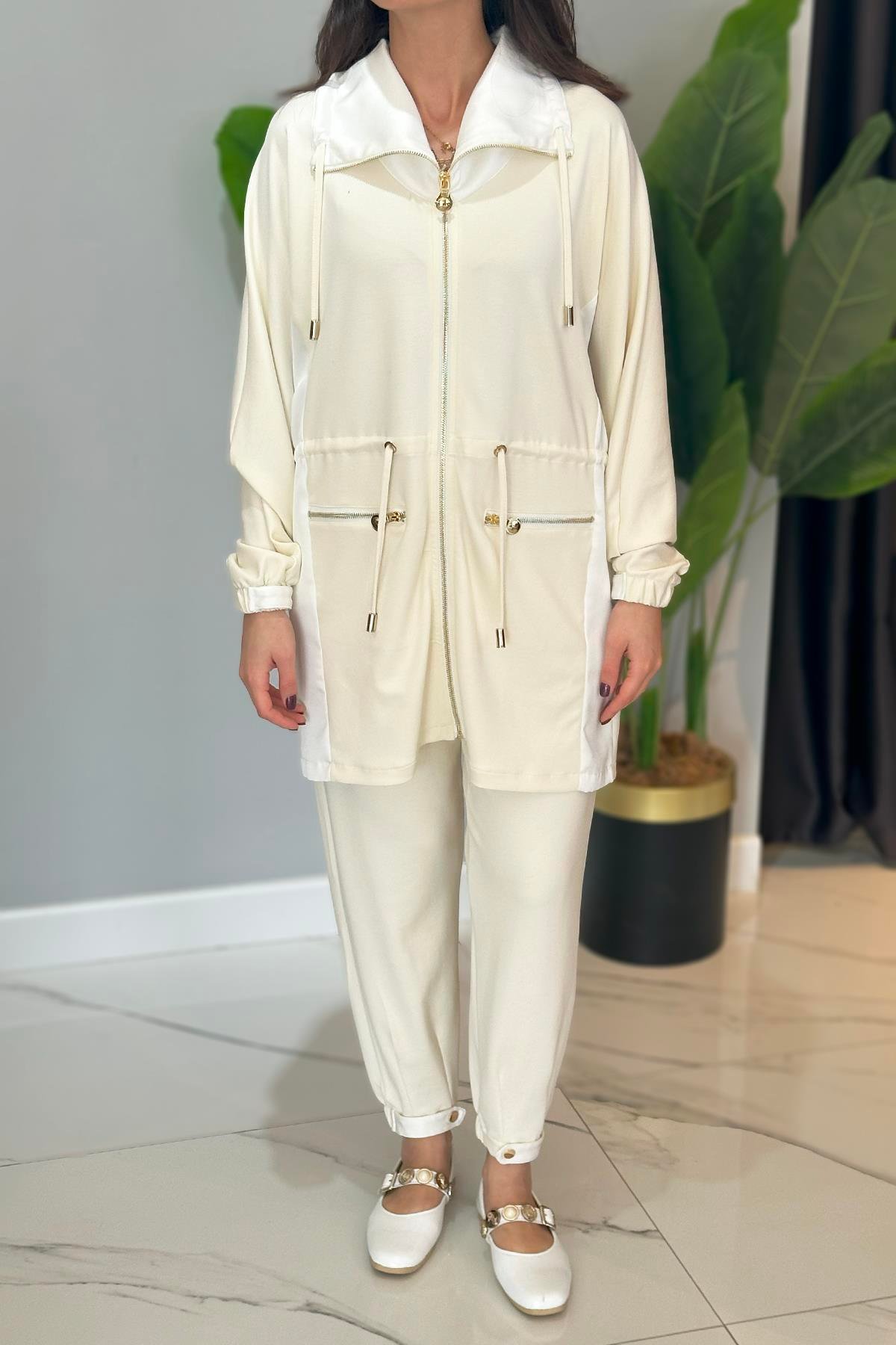 Missemramiss Fermuarlı Ceket Pantolon Magnolia Takım 4740 Ekru