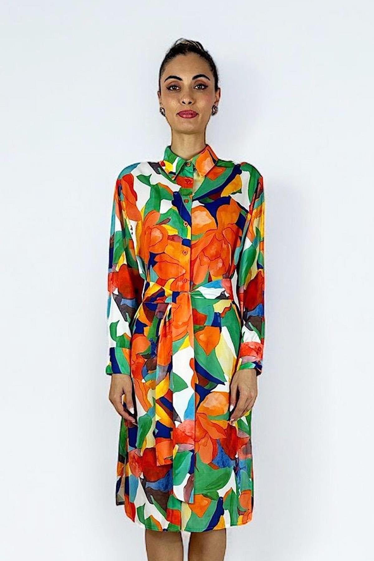 Missemramiss Floş Viskon Summer Gömlek Tunik 3938 Turuncu Desenli