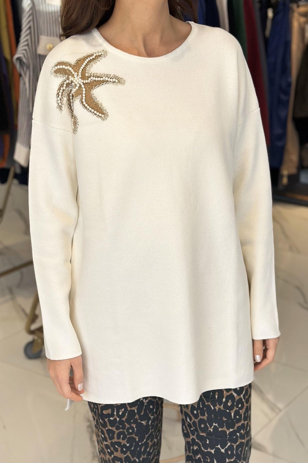 Missemramiss Flower Triko Kazak Tunik 4583 Ekru