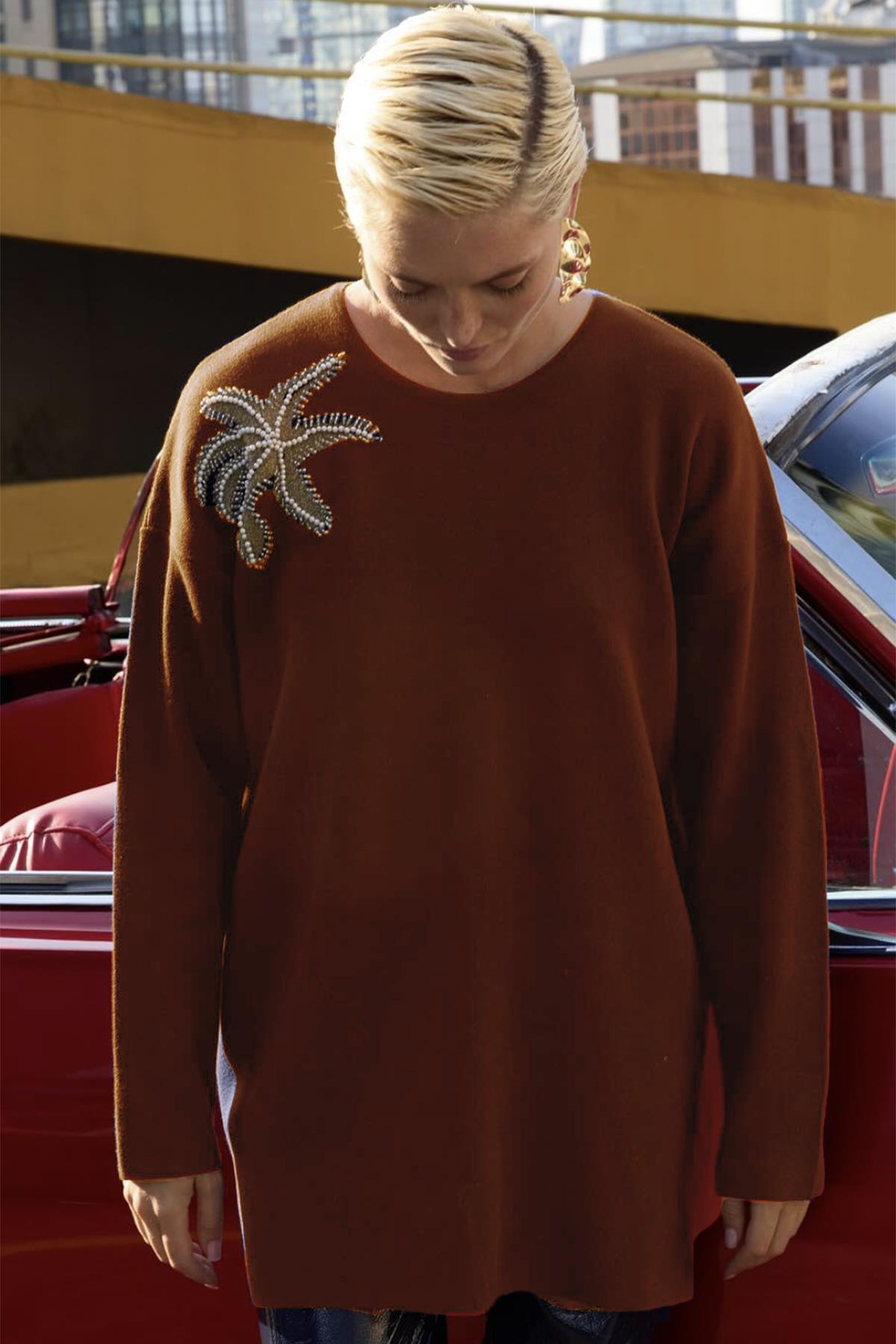 Missemramiss Flower Triko Kazak Tunik 4583 Kahverengi