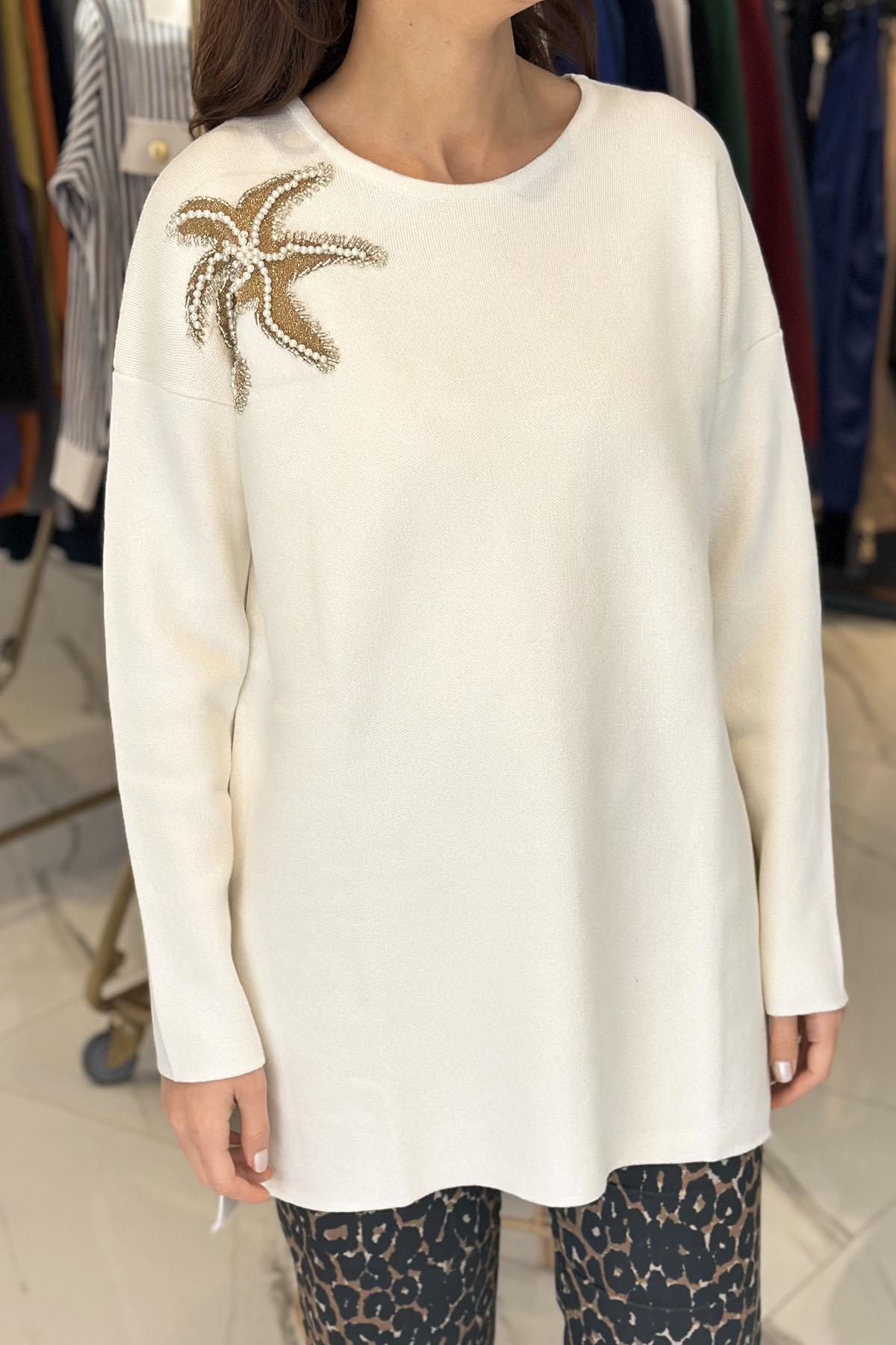 Missemramiss Flower Triko Kazak Tunik 4583 Ekru