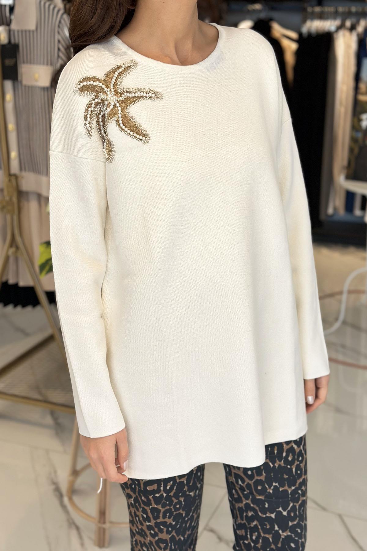 Missemramiss Flower Triko Kazak Tunik 4583 Ekru