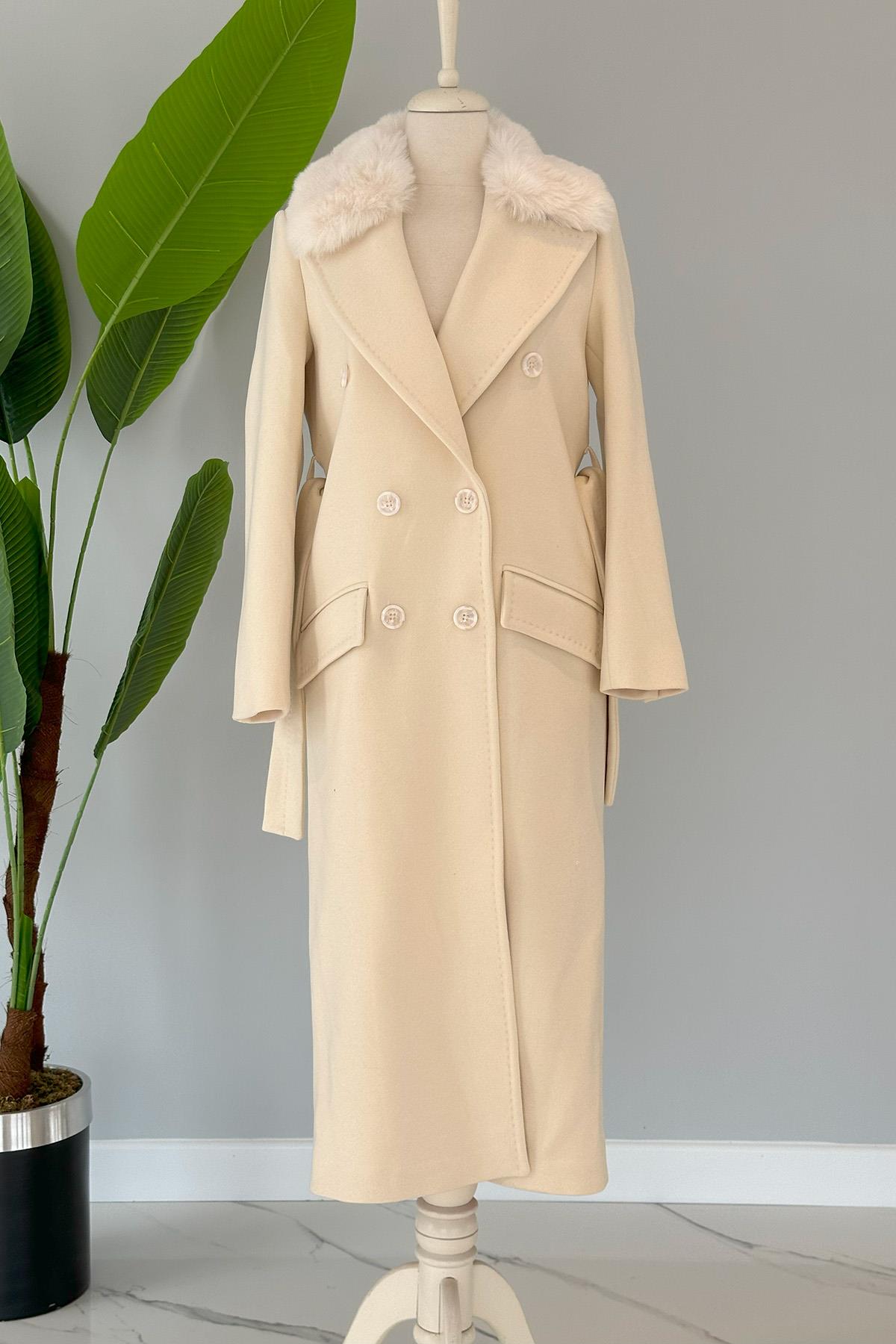 Missemramiss Lady Kürklü Kaşe Kaban 4103 Krem