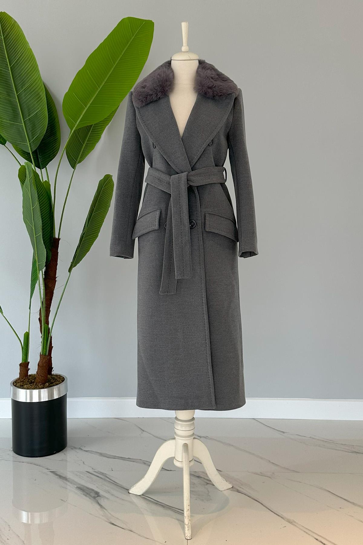 Missemramiss Lady Kürklü Kaşe Kaban 4103 Gri