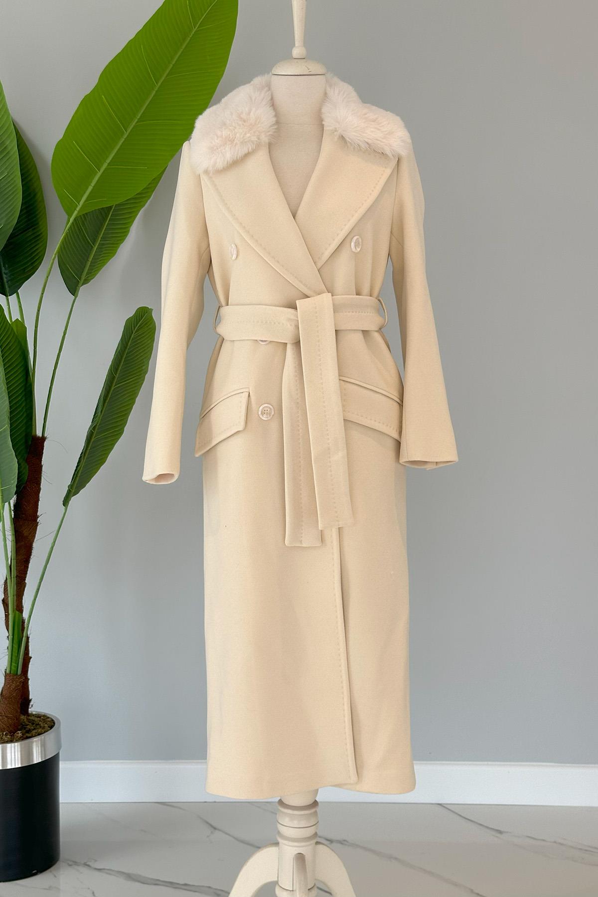 Missemramiss Lady Kürklü Kaşe Kaban 4103 Krem