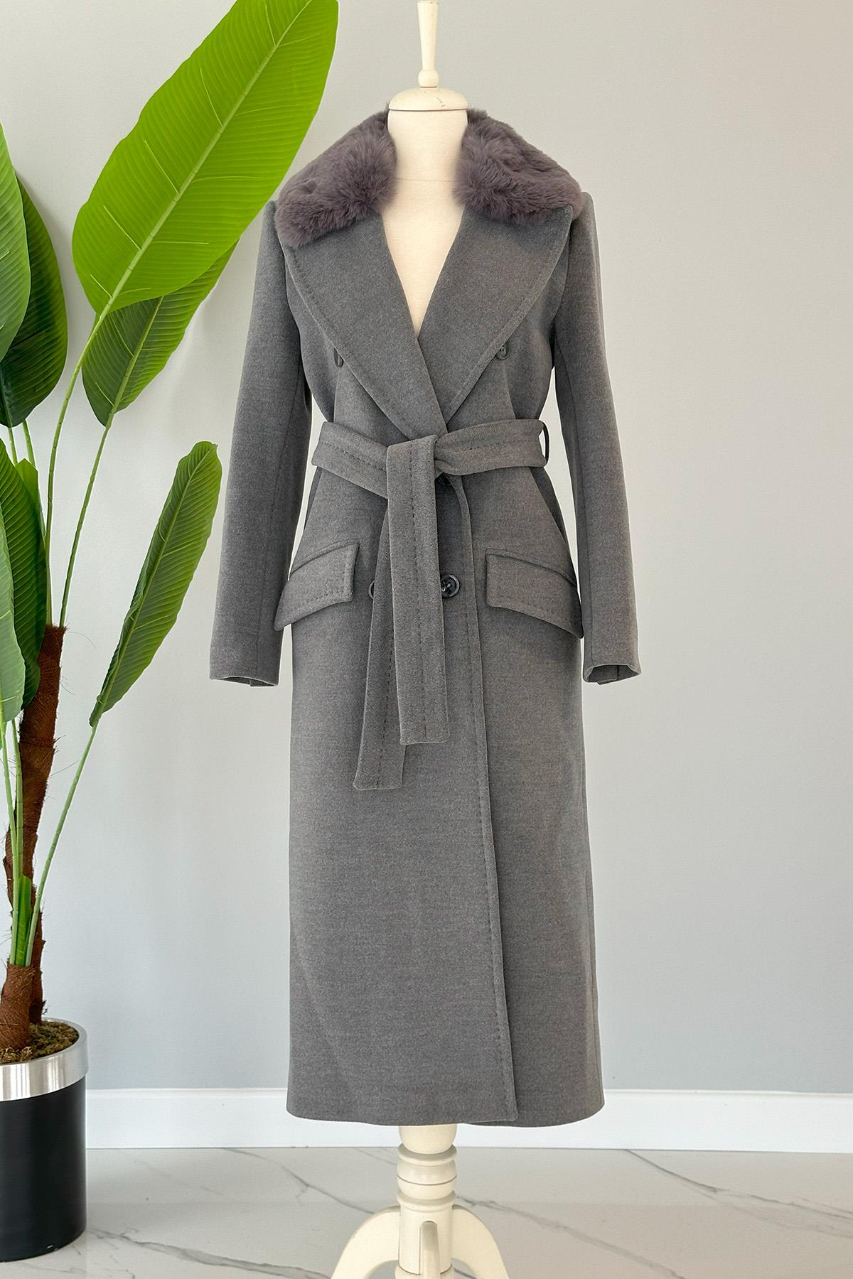 Missemramiss Lady Kürklü Kaşe Kaban 4103 Gri