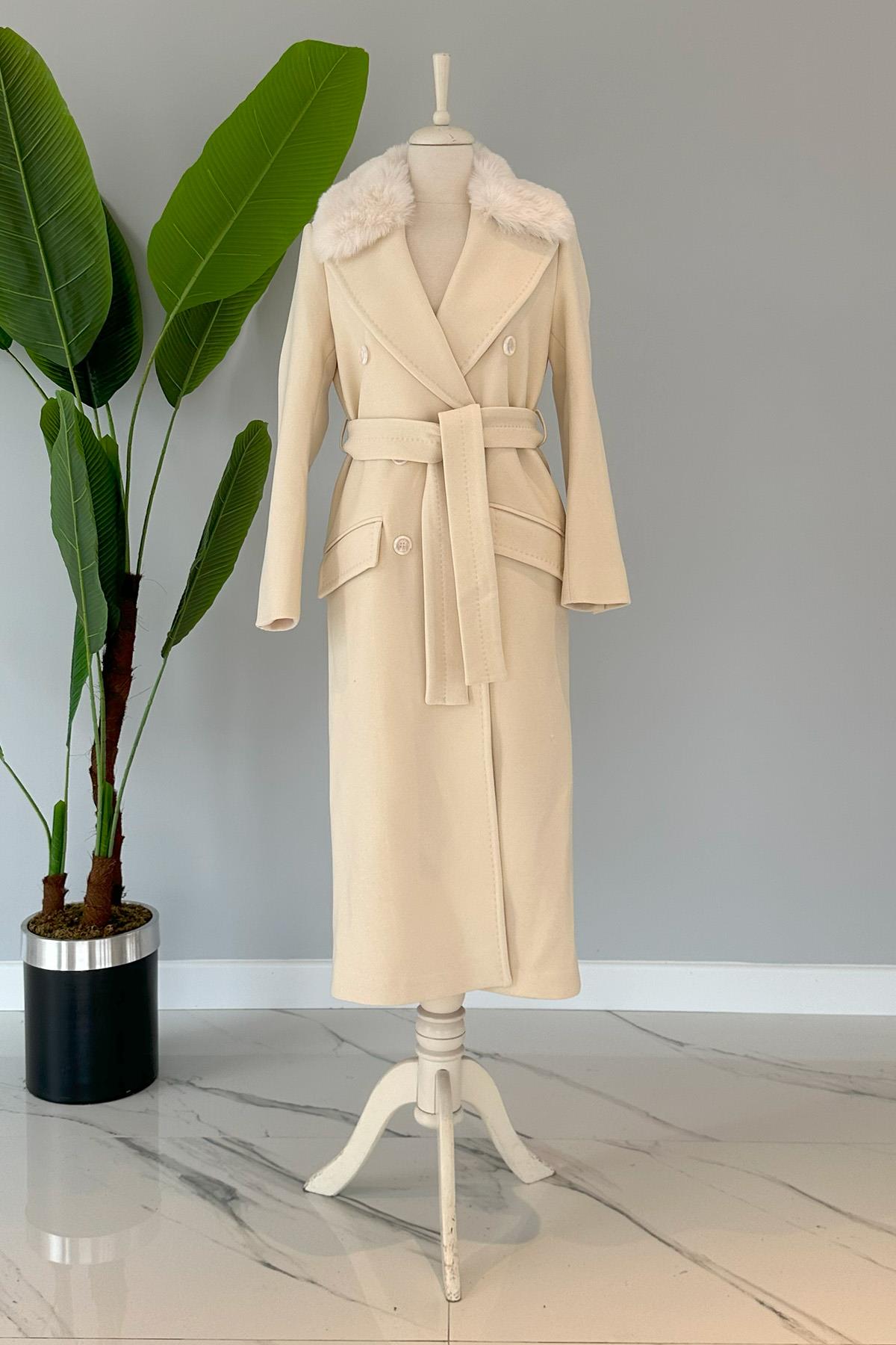 Missemramiss Lady Kürklü Kaşe Kaban 4103 Krem