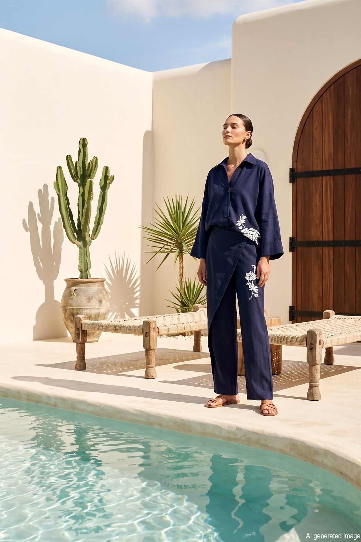 Missemramiss Linen Nakışlı Keten Takım 5211 Lacivert