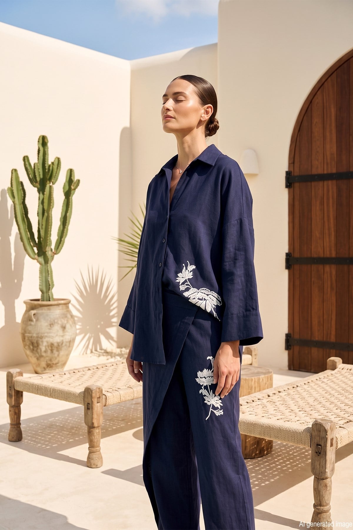 Missemramiss Linen Nakışlı Keten Takım 5211 Lacivert