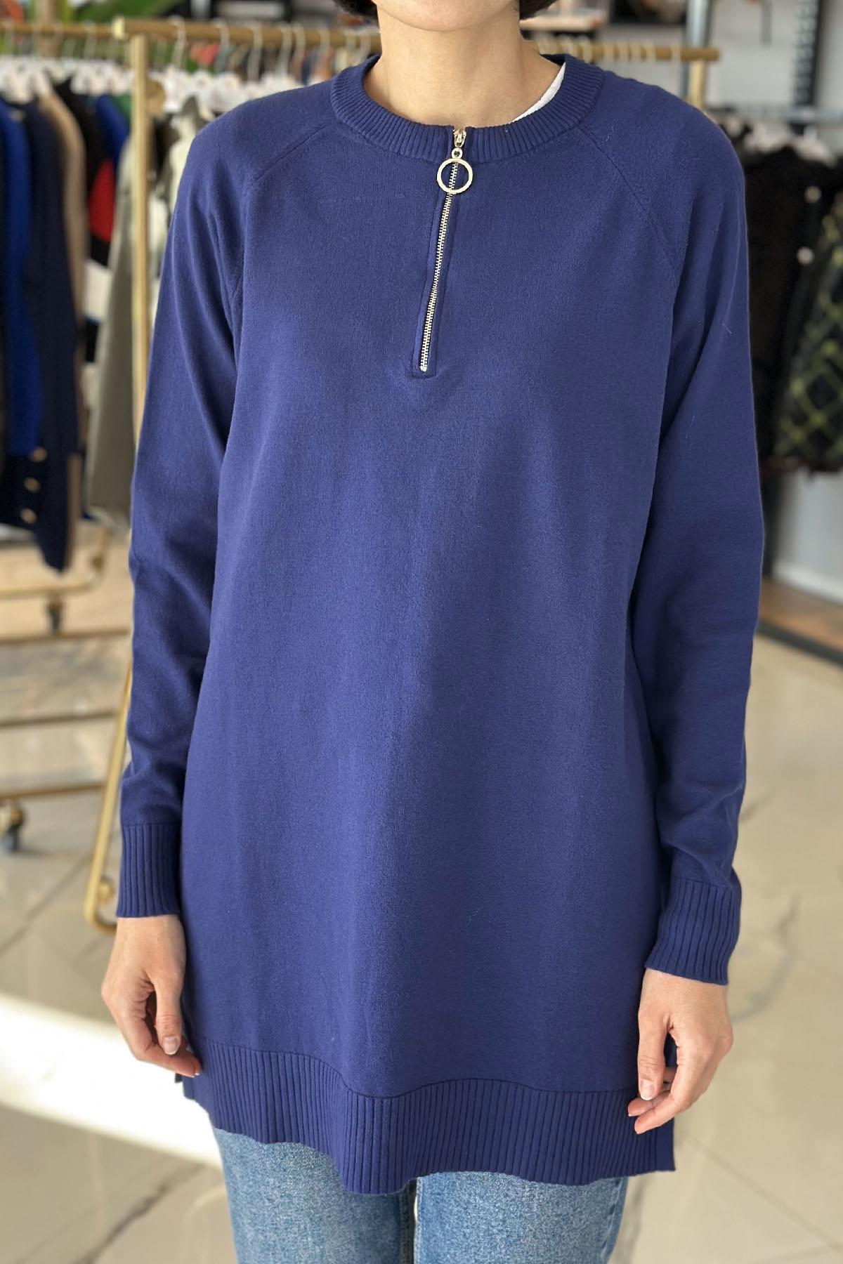 Missemramiss Live Fermuar Detaylı Triko Kazak Tunik 4587 Lacivert