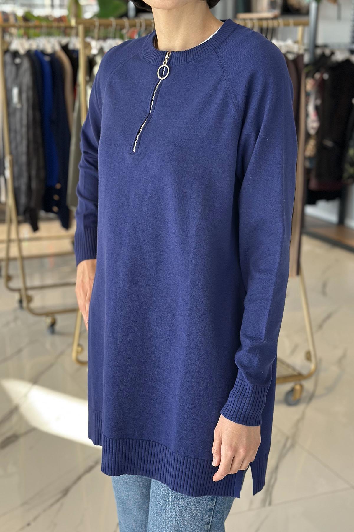 Missemramiss Live Fermuar Detaylı Triko Kazak Tunik 4587 Lacivert