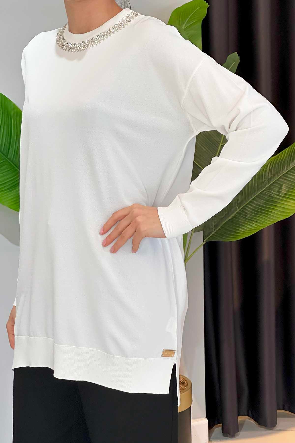 Missemramiss Maglia Taş İşlemeli Triko Tunik 4710 Ekru