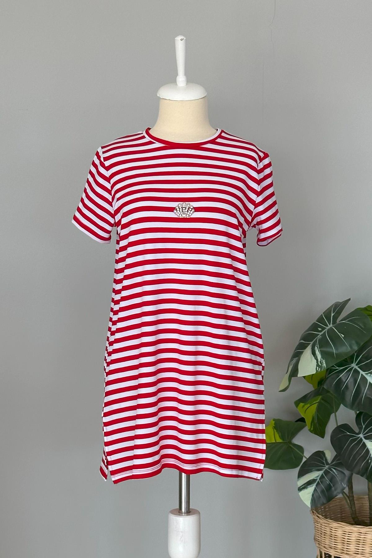 Missemramiss Pamuklu Aksesuarlı Tişört Tunik 4491 Çizgili Kırmızı