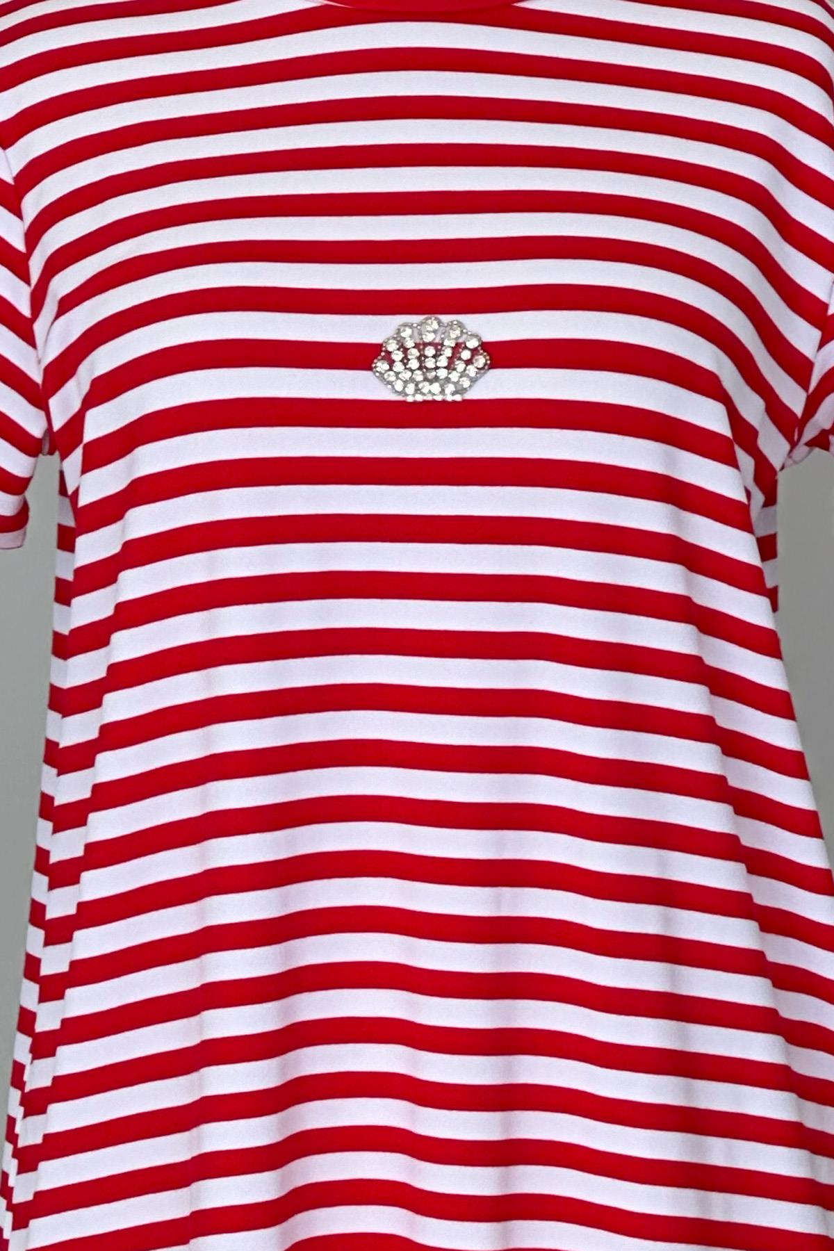 Missemramiss Pamuklu Aksesuarlı Tişört Tunik 4491 Çizgili Kırmızı