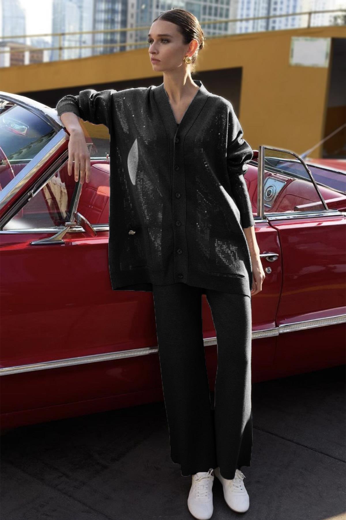 Missemramiss Payetli Hırka Pantolon Triko Takım 4589 Siyah