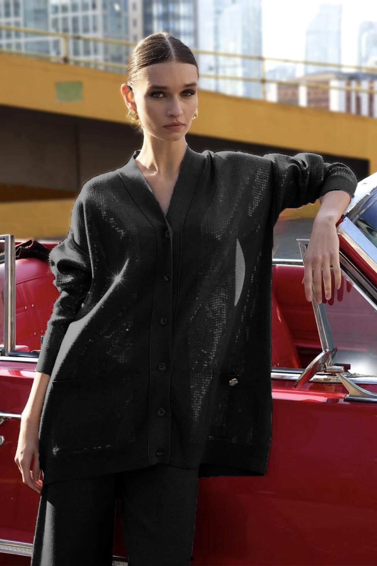 Missemramiss Payetli Hırka Pantolon Triko Takım 4589 Siyah