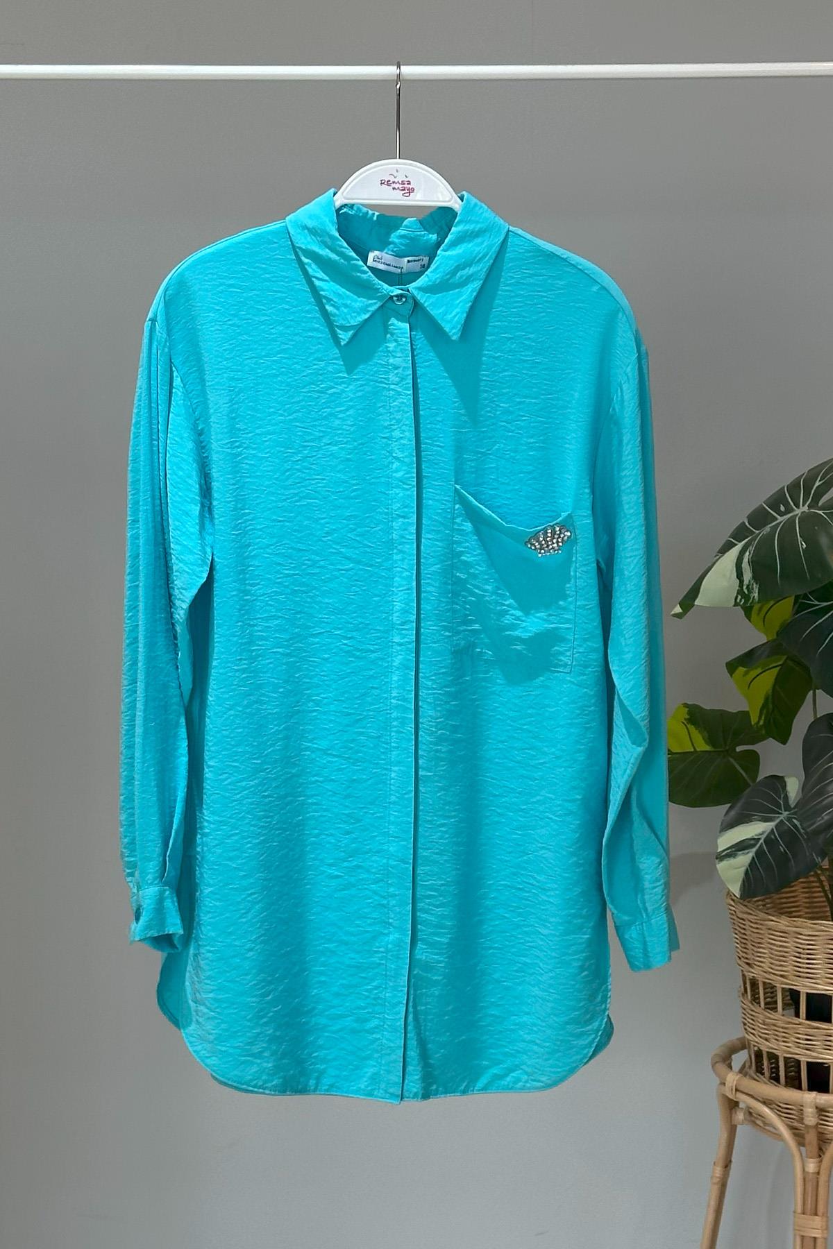 Missemramiss Sea Shell İşlemeli Gömlek Tunik 4360 Mavi