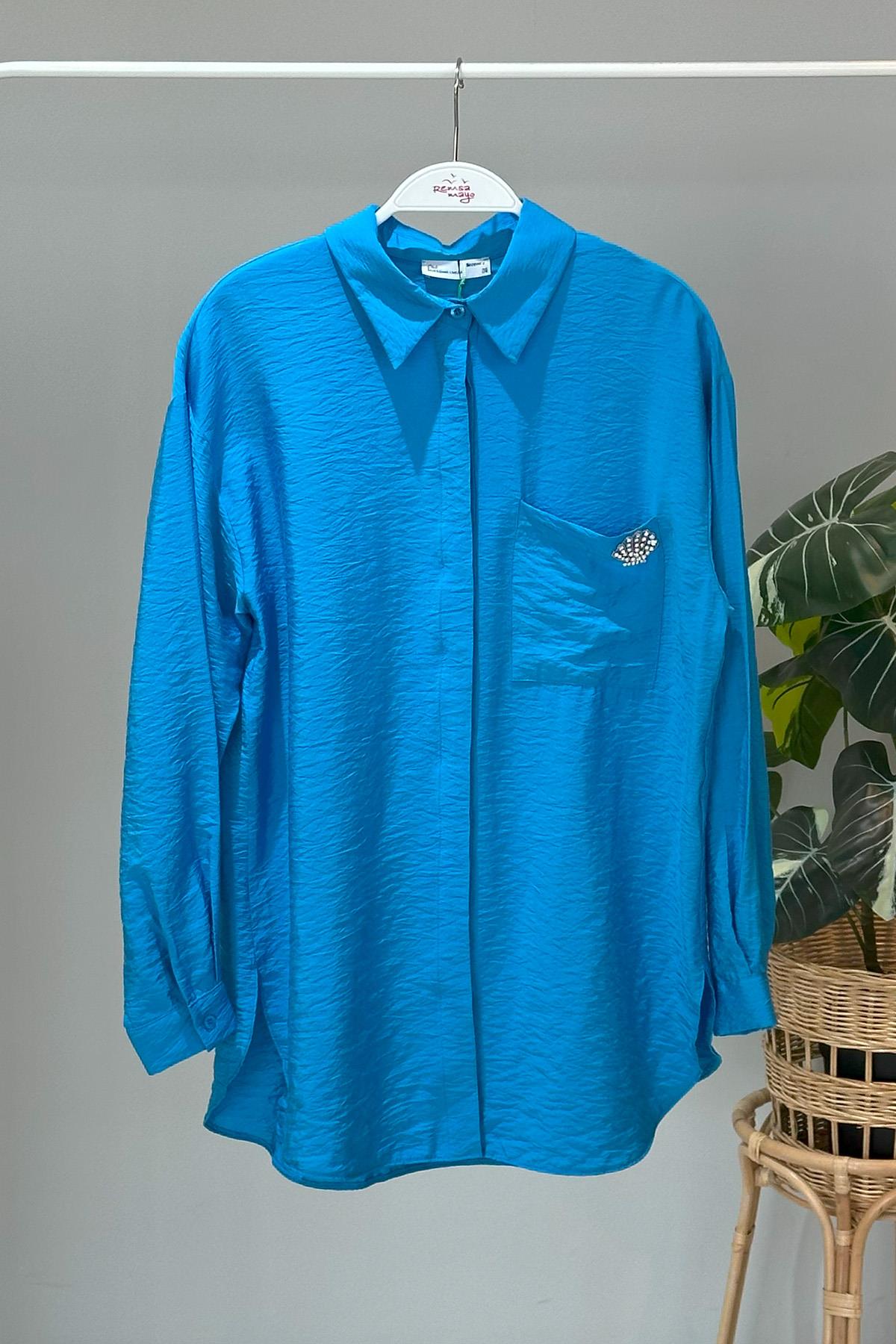 Missemramiss Sea Shell İşlemeli Gömlek Tunik 4360 Saks