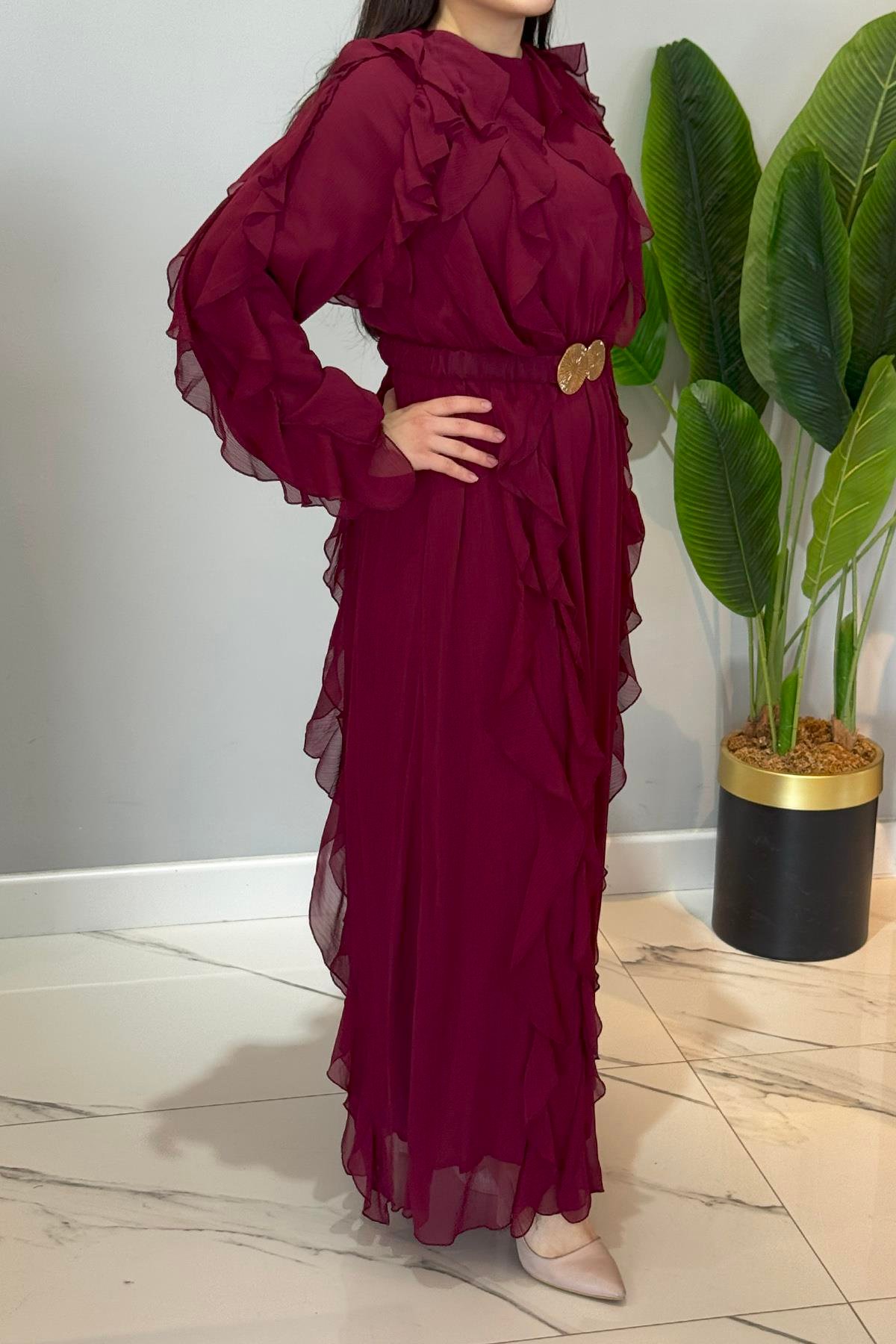 Missemramiss Special Ruffle Elbise 4807 Bordo