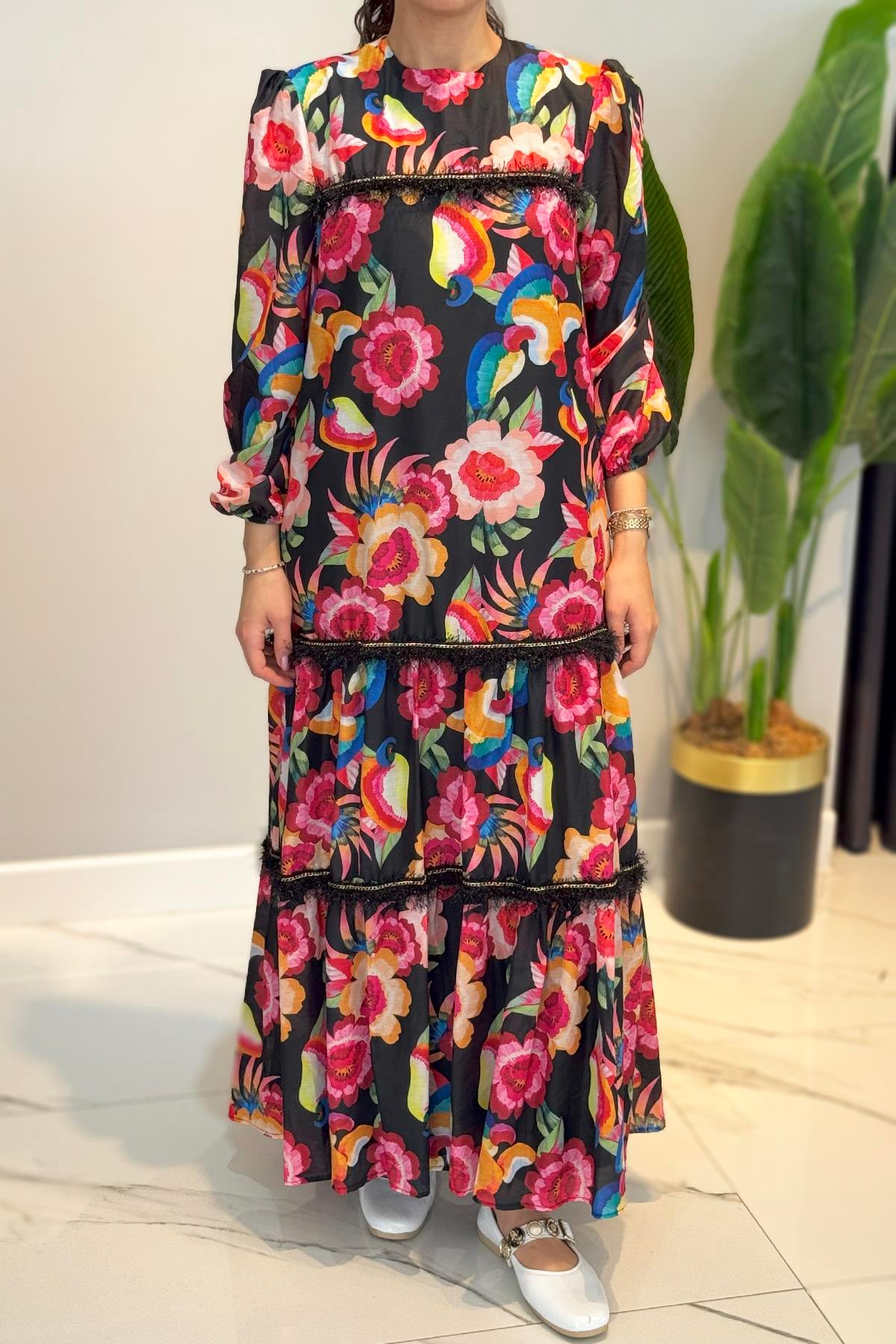 Missemramiss Straight Line Elbise Flower Desen 4774 Siyah