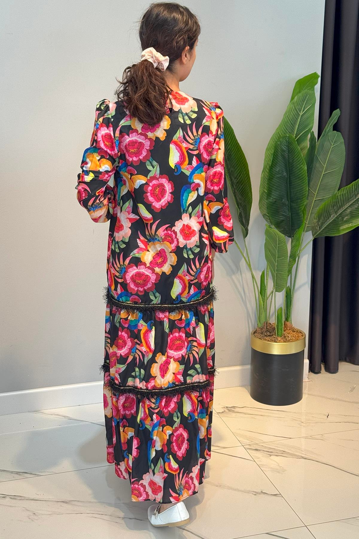 Missemramiss Straight Line Elbise Flower Desen 4774 Siyah