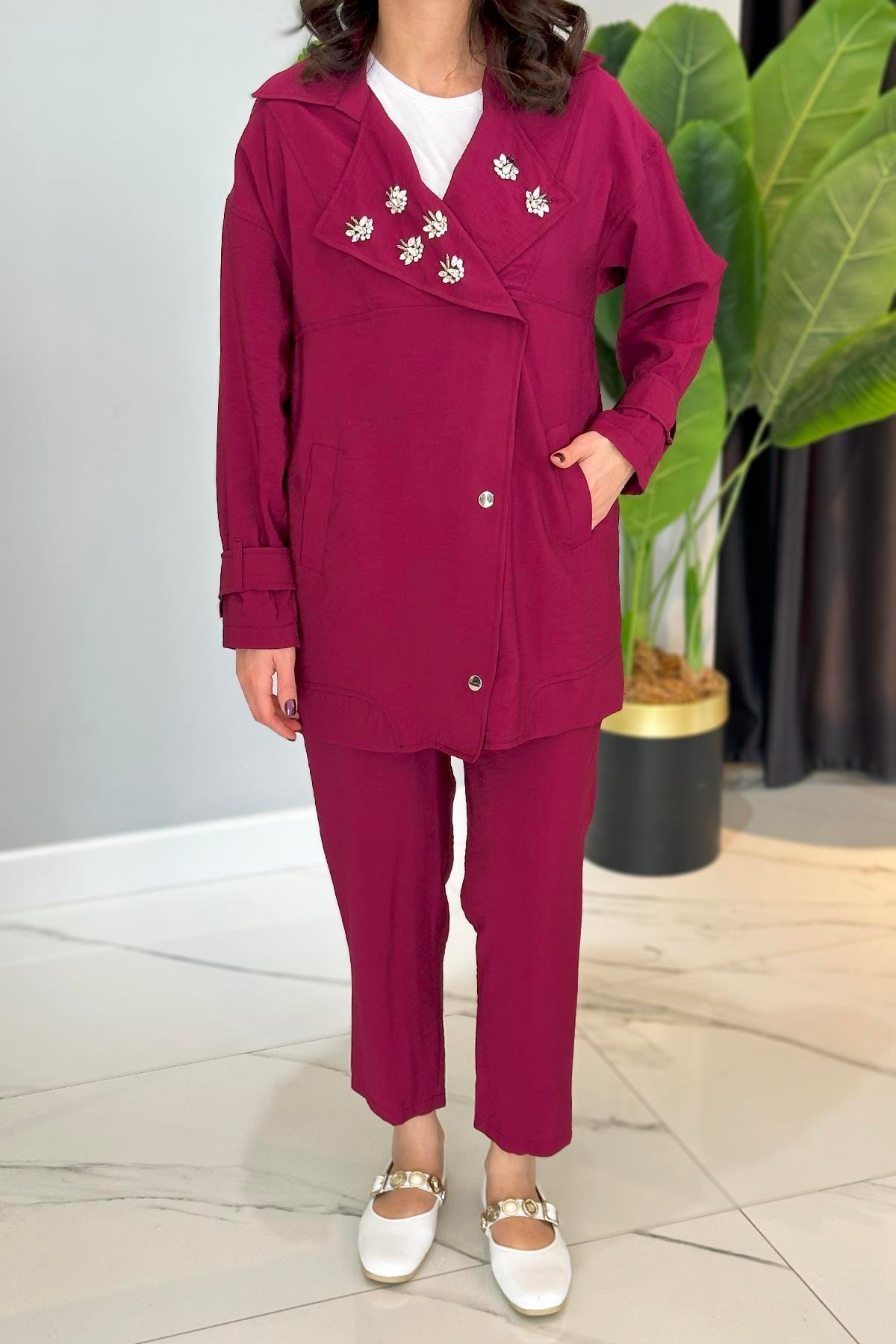 Missemramiss Taş Detay Pantolonlu Takım 4773 Mürdüm