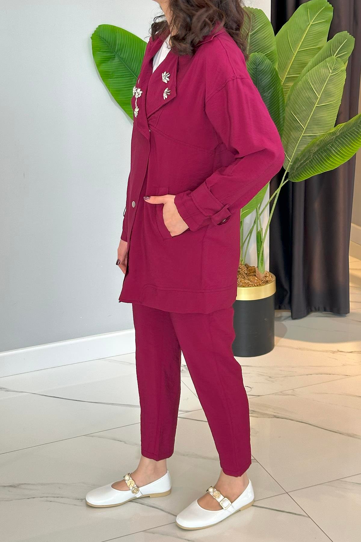 Missemramiss Taş Detay Pantolonlu Takım 4773 Mürdüm