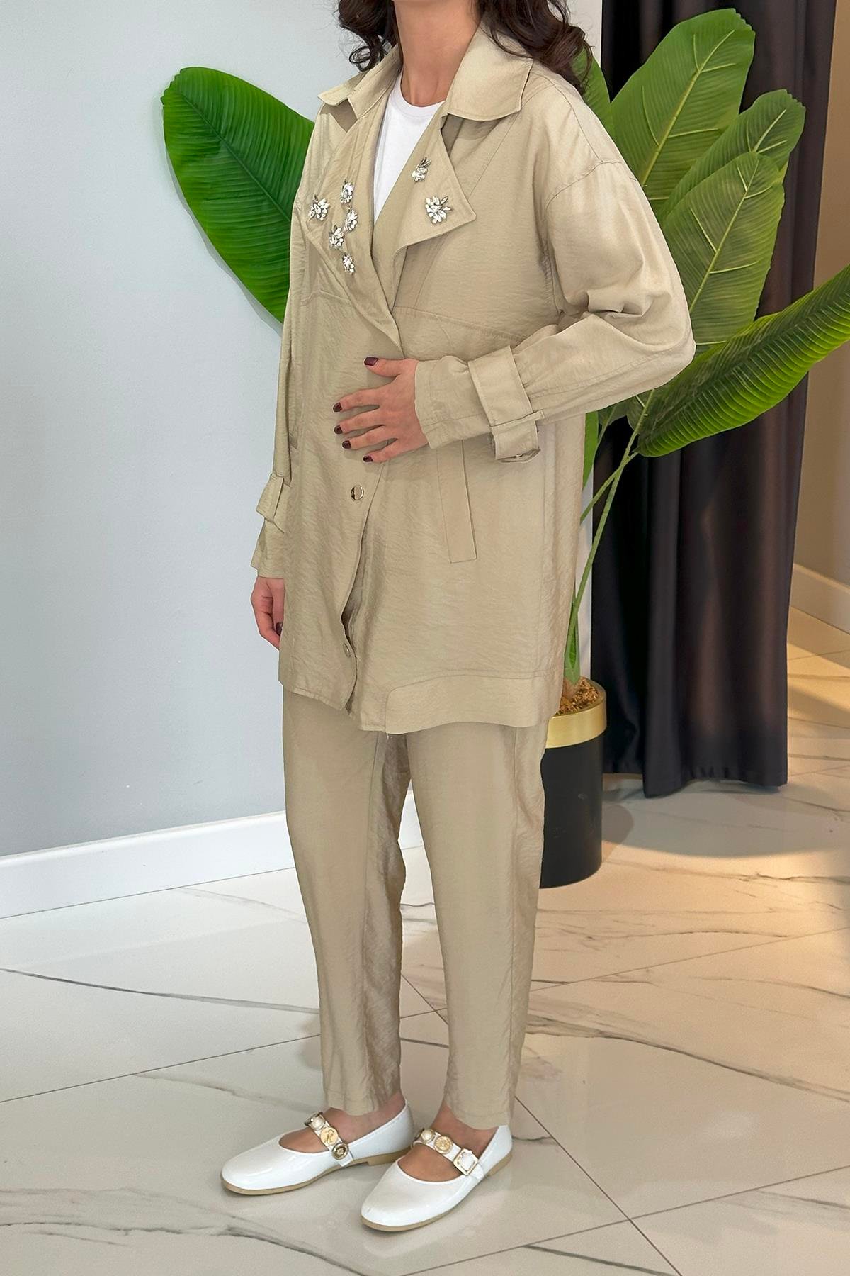 Missemramiss Taş Detay Pantolonlu Takım 4773 Bej