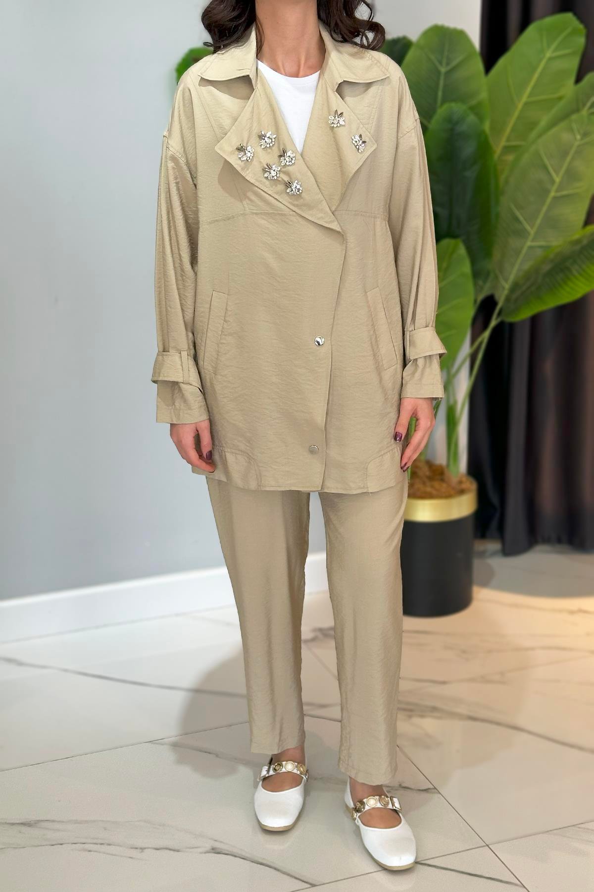 Missemramiss Taş Detay Pantolonlu Takım 4773 Bej