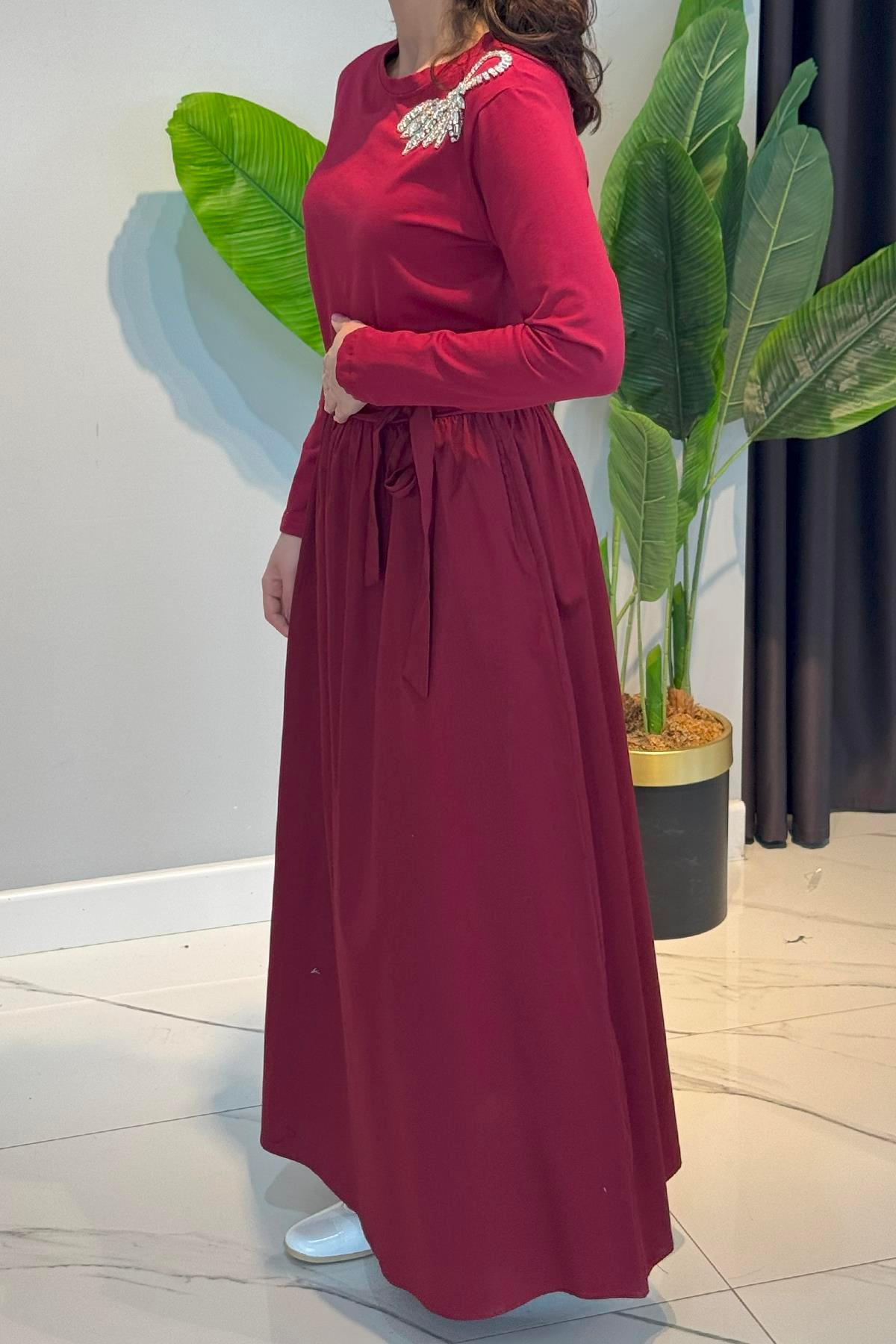 Missemramiss Taş İşlemeli Comfort Elbise 4762 Bordo