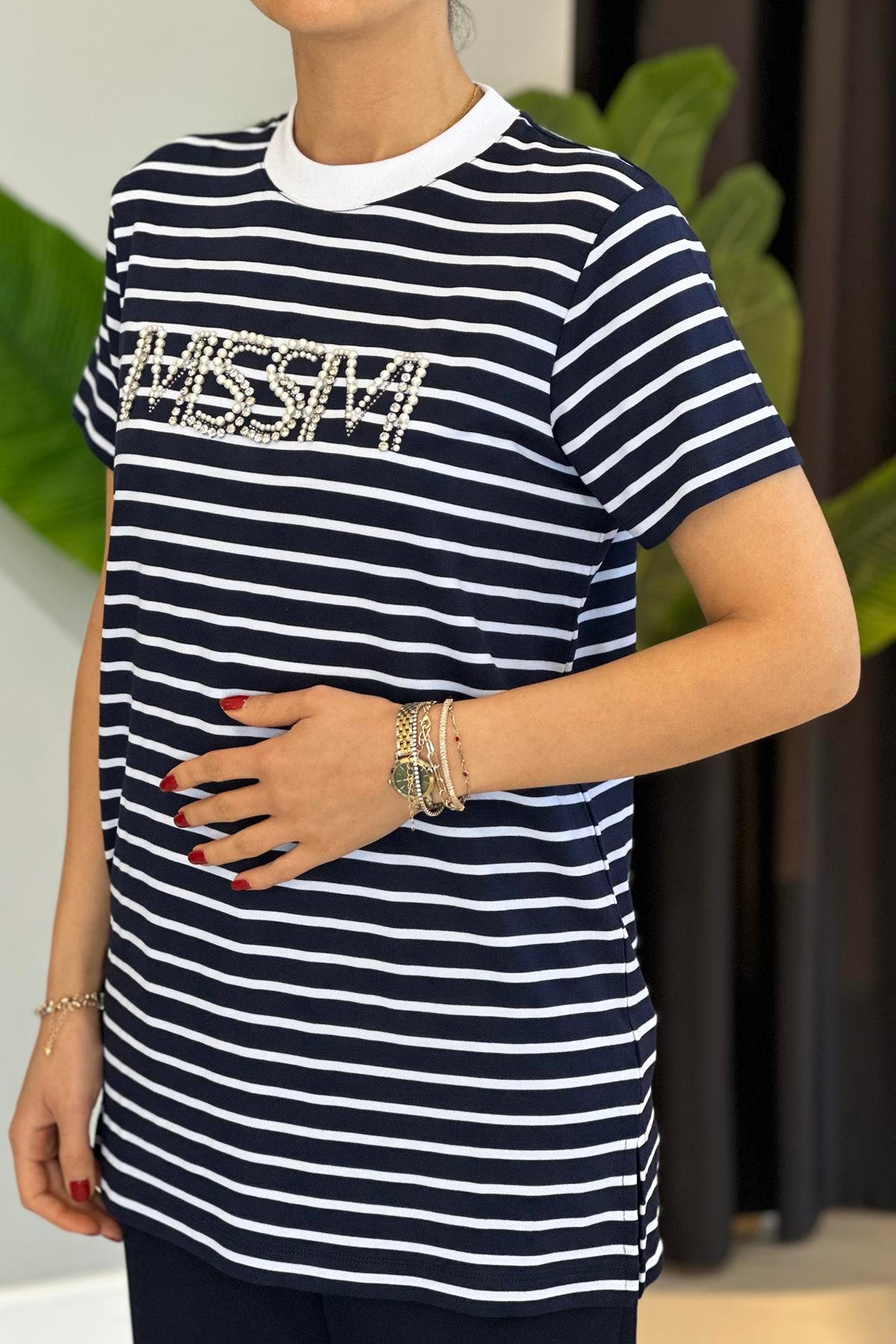 Missemramiss Taşlı Çizgili Tshirt Tunik 4734 Lacivert
