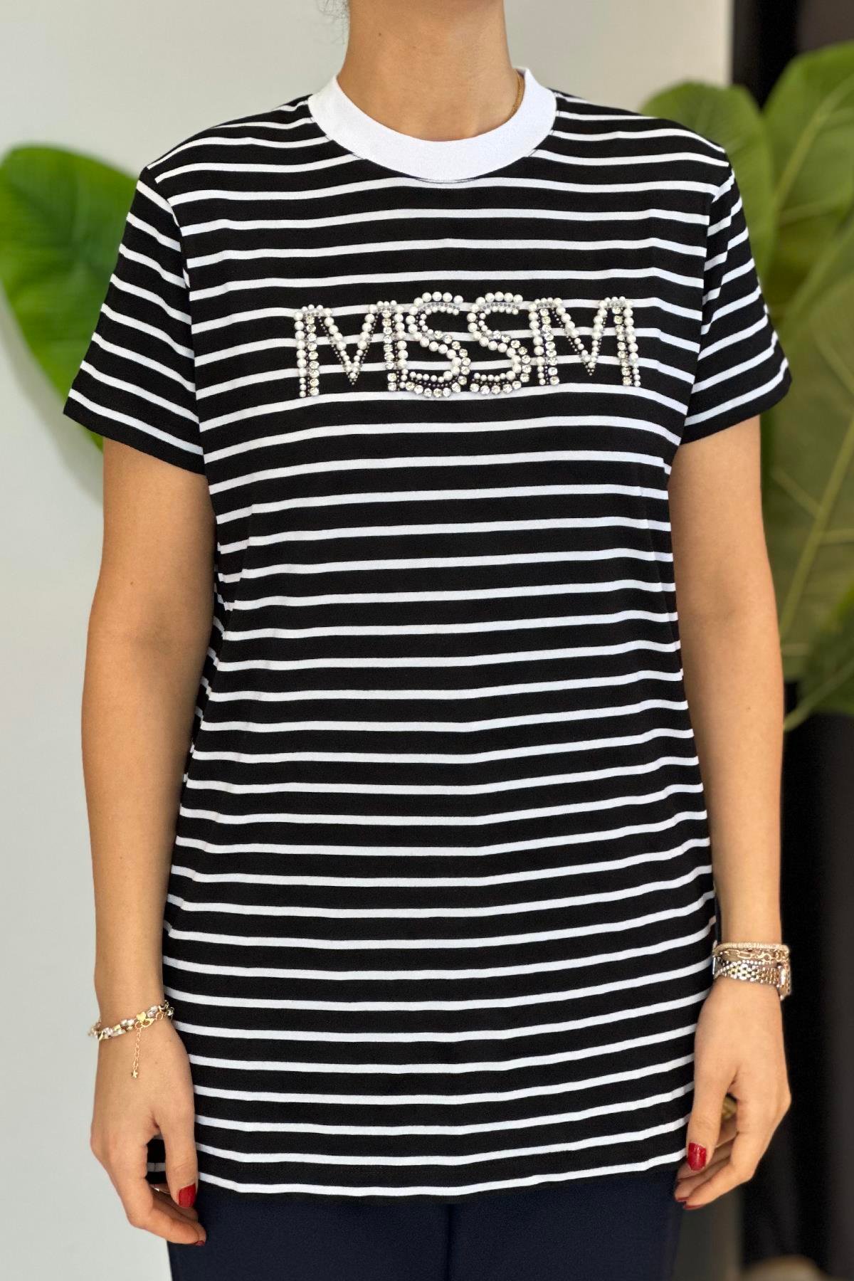 Missemramiss Taşlı Çizgili Tshirt Tunik 4734 Siyah