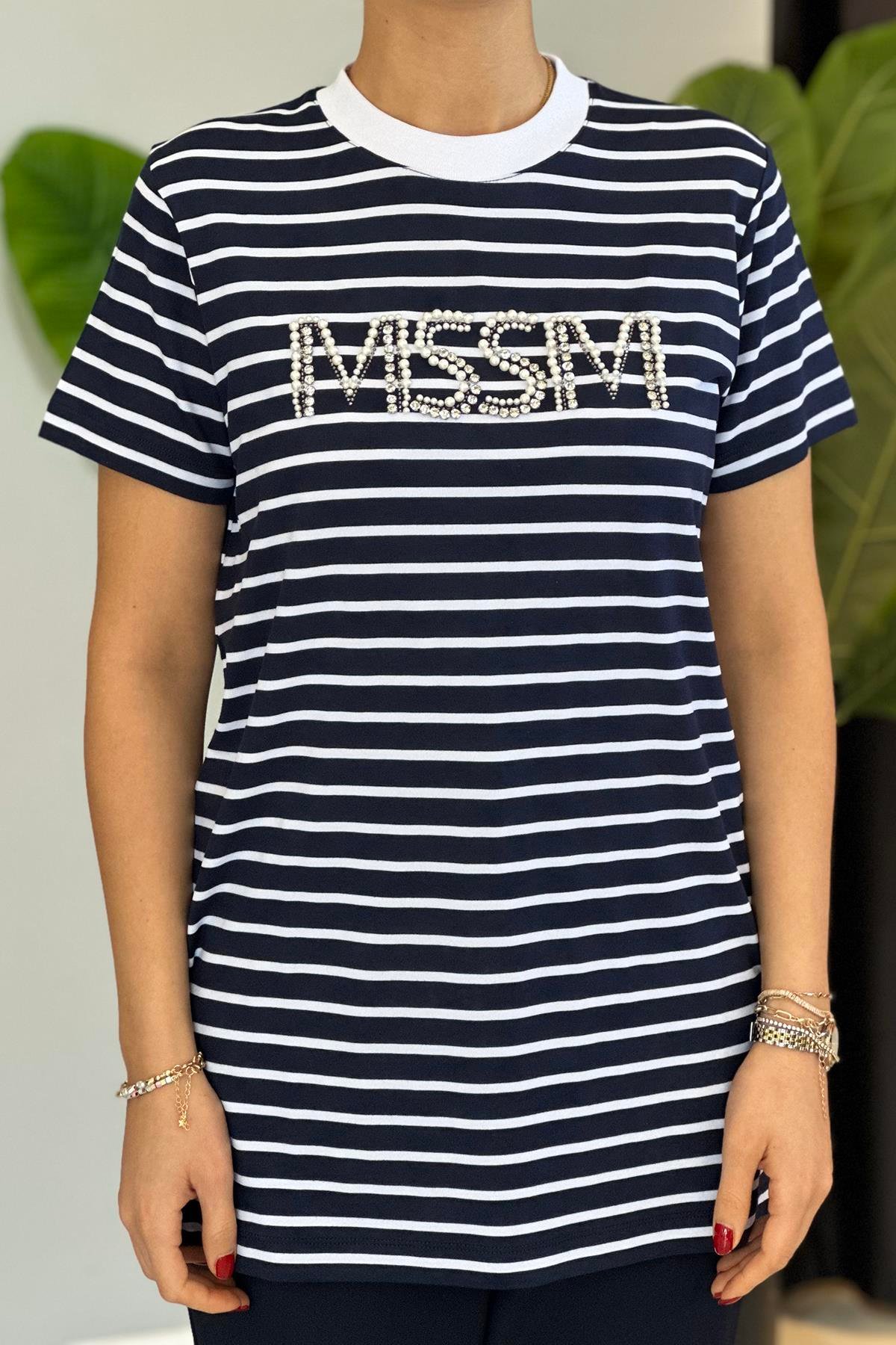Missemramiss Taşlı Çizgili Tshirt Tunik 4734 Lacivert