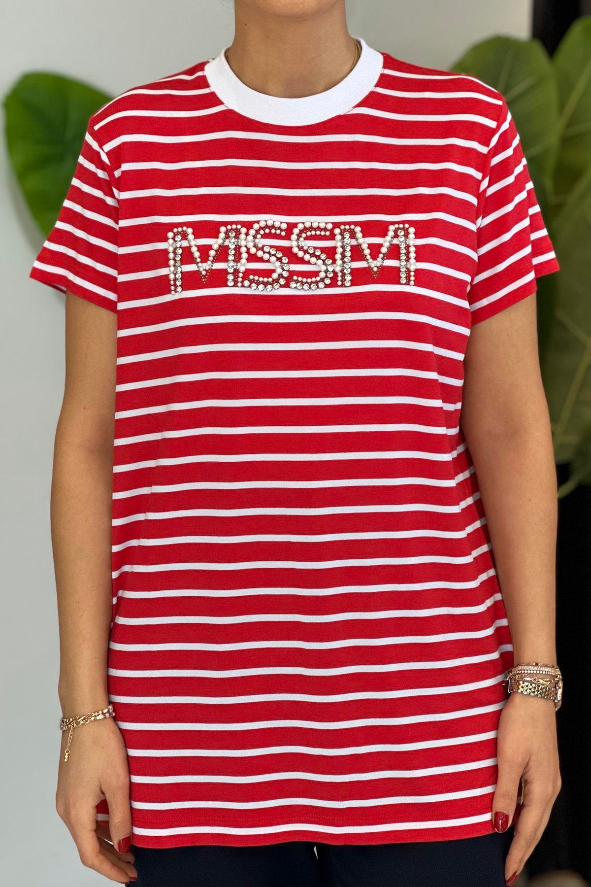 Missemramiss Taşlı Çizgili Tshirt Tunik 4734 Kırmızı