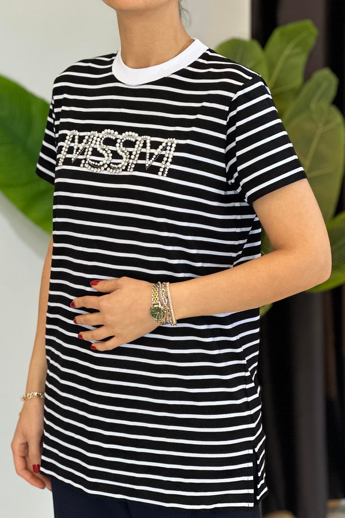 Missemramiss Taşlı Çizgili Tshirt Tunik 4734 Siyah