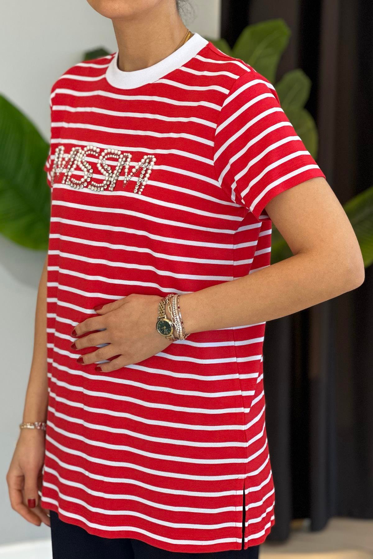 Missemramiss Taşlı Çizgili Tshirt Tunik 4734 Kırmızı