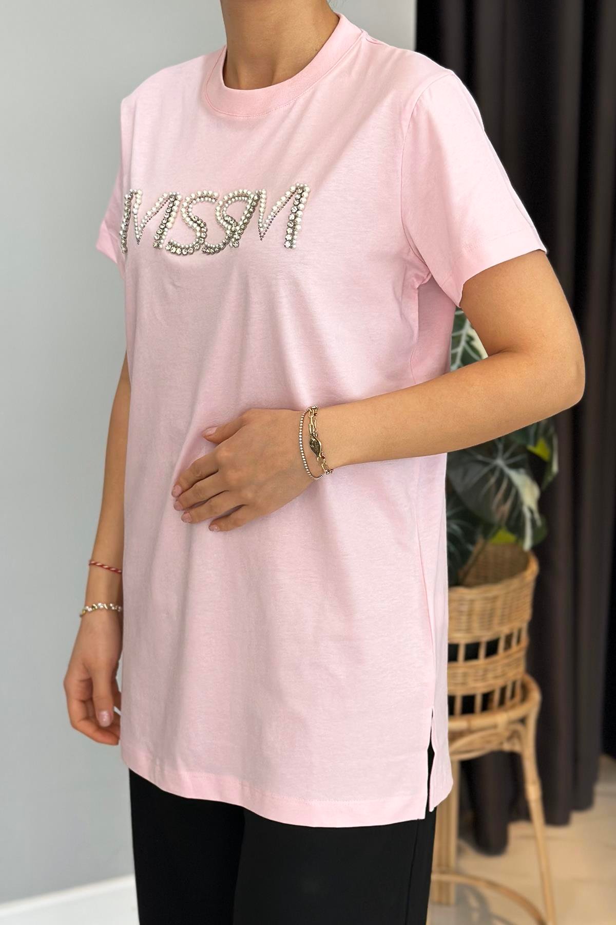 Missemramiss Taşlı Tshirt Tunik 4741 Pembe