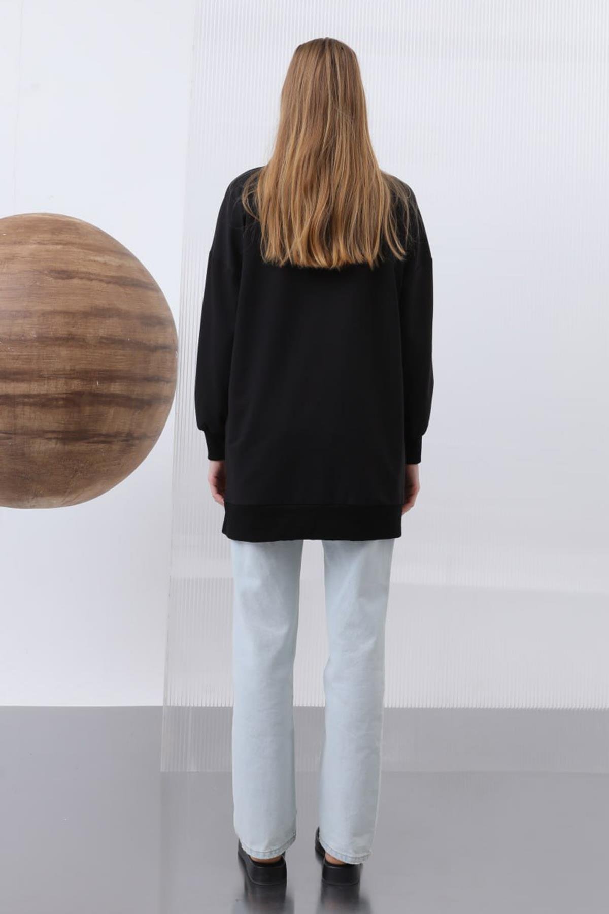 Motor Nakış İşlemeli Sweat Tunik 10636 Siyah