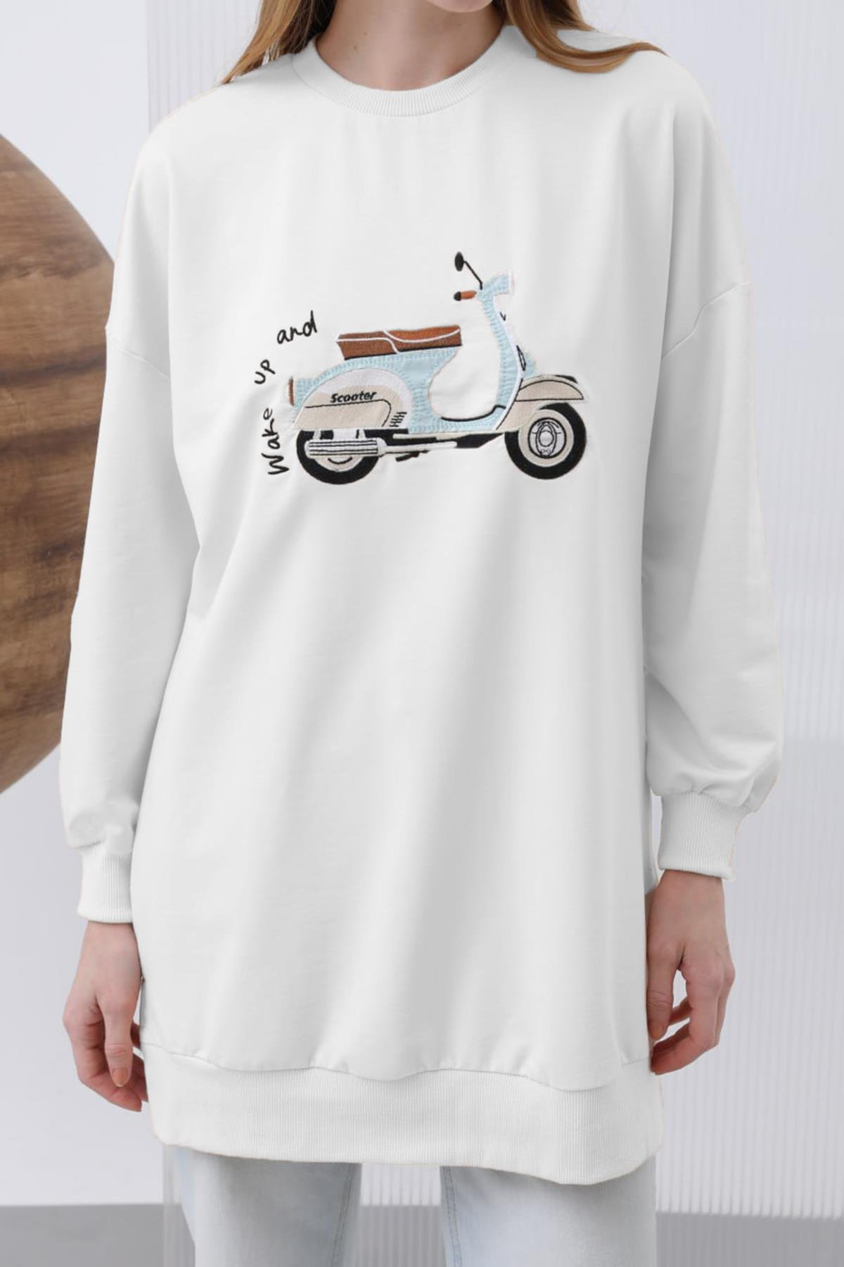Motor Nakış İşlemeli Sweat Tunik 10636 Ekru