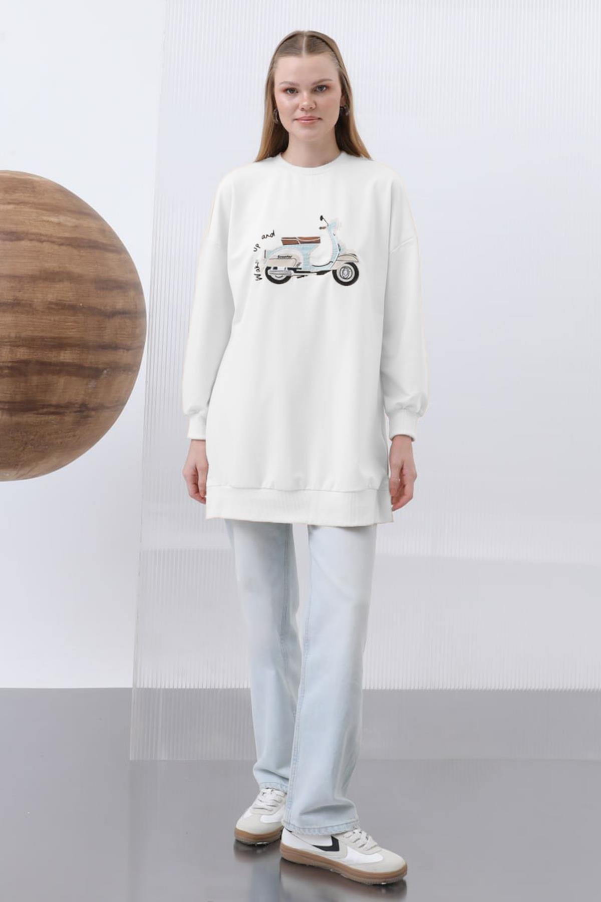 Motor Nakış İşlemeli Sweat Tunik 10636 Ekru
