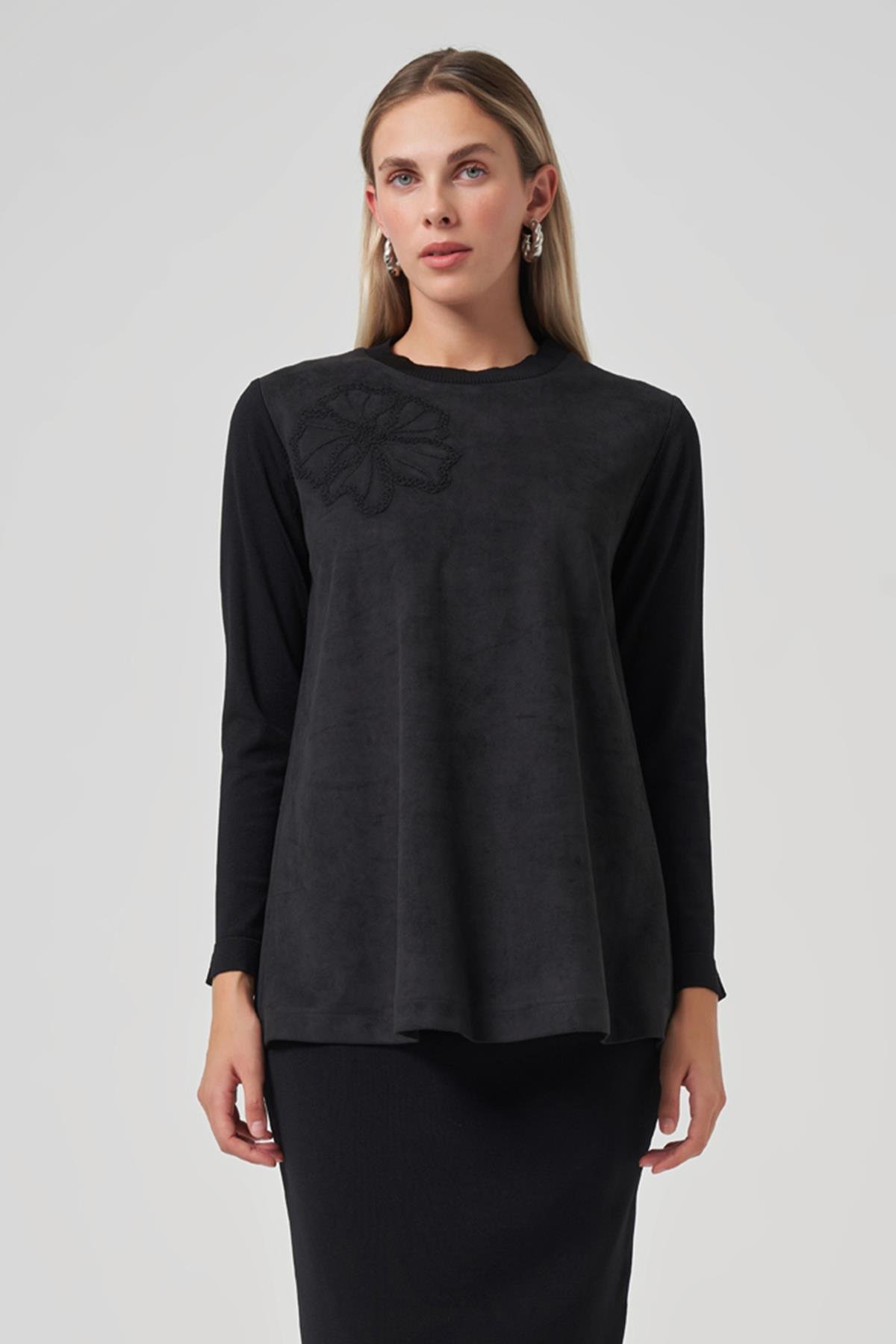Nakış İşleme Detay Triko Kollu Nubuk Tunik 3004 Siyah