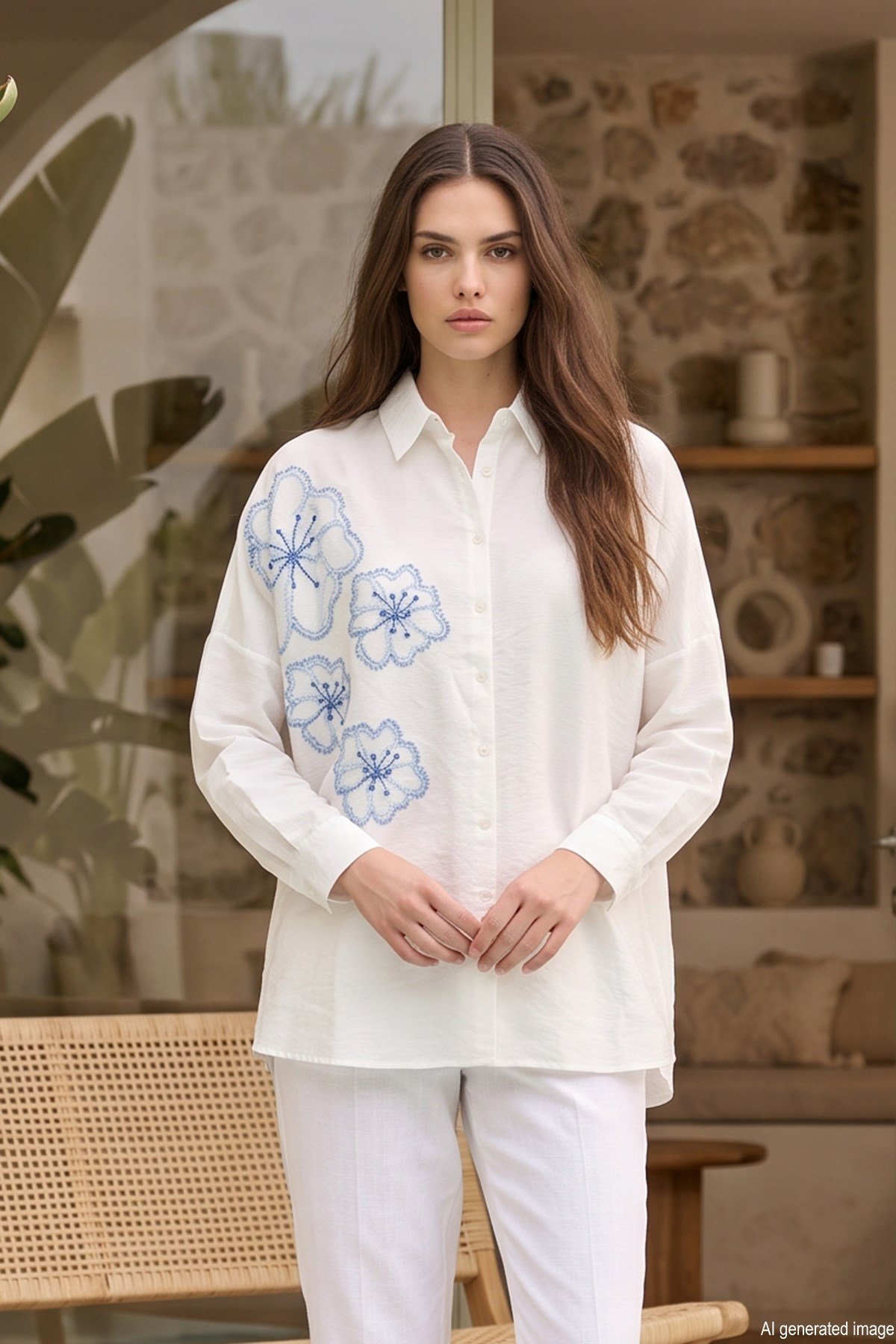 Nakış ve Pul Detaylı Gömlek 17599 Ekru