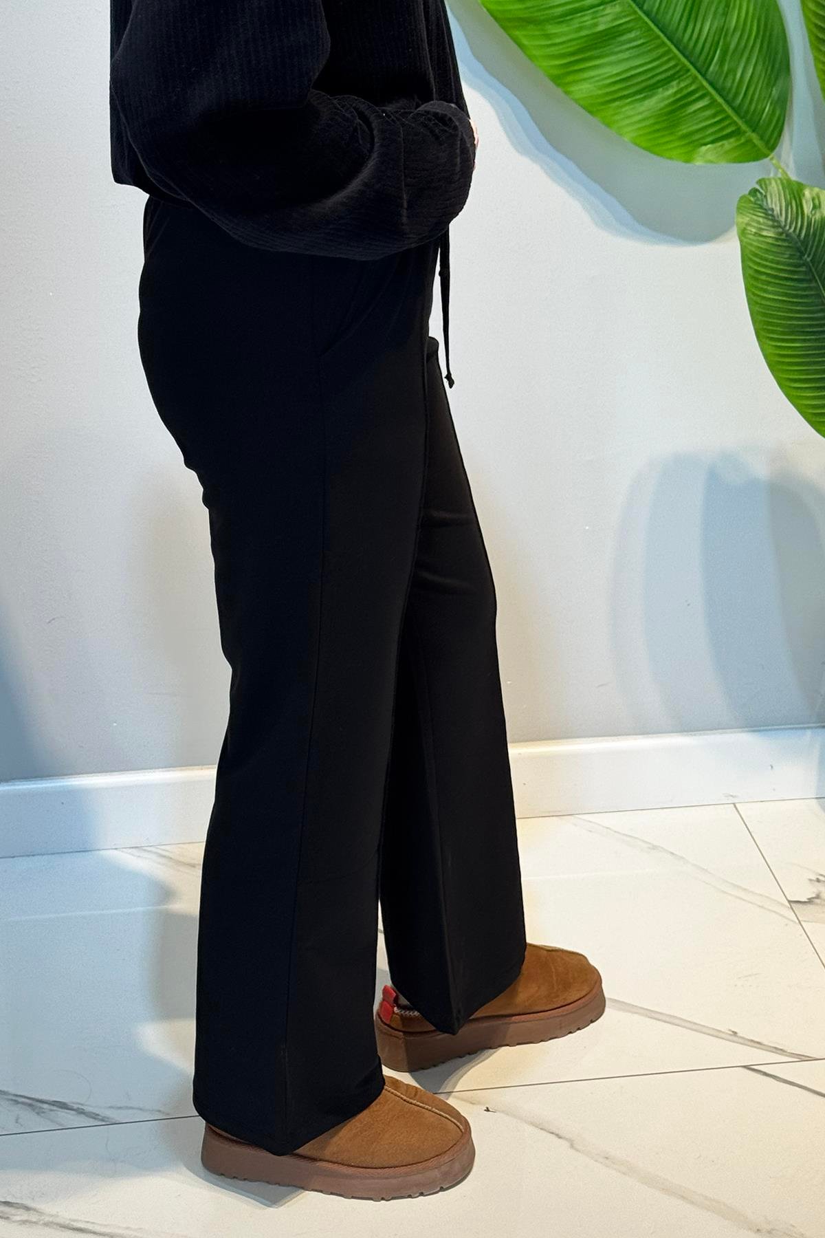 Nervür Dikiş Beli Lastikli Bağcıklı Pantolon 1887 Siyah