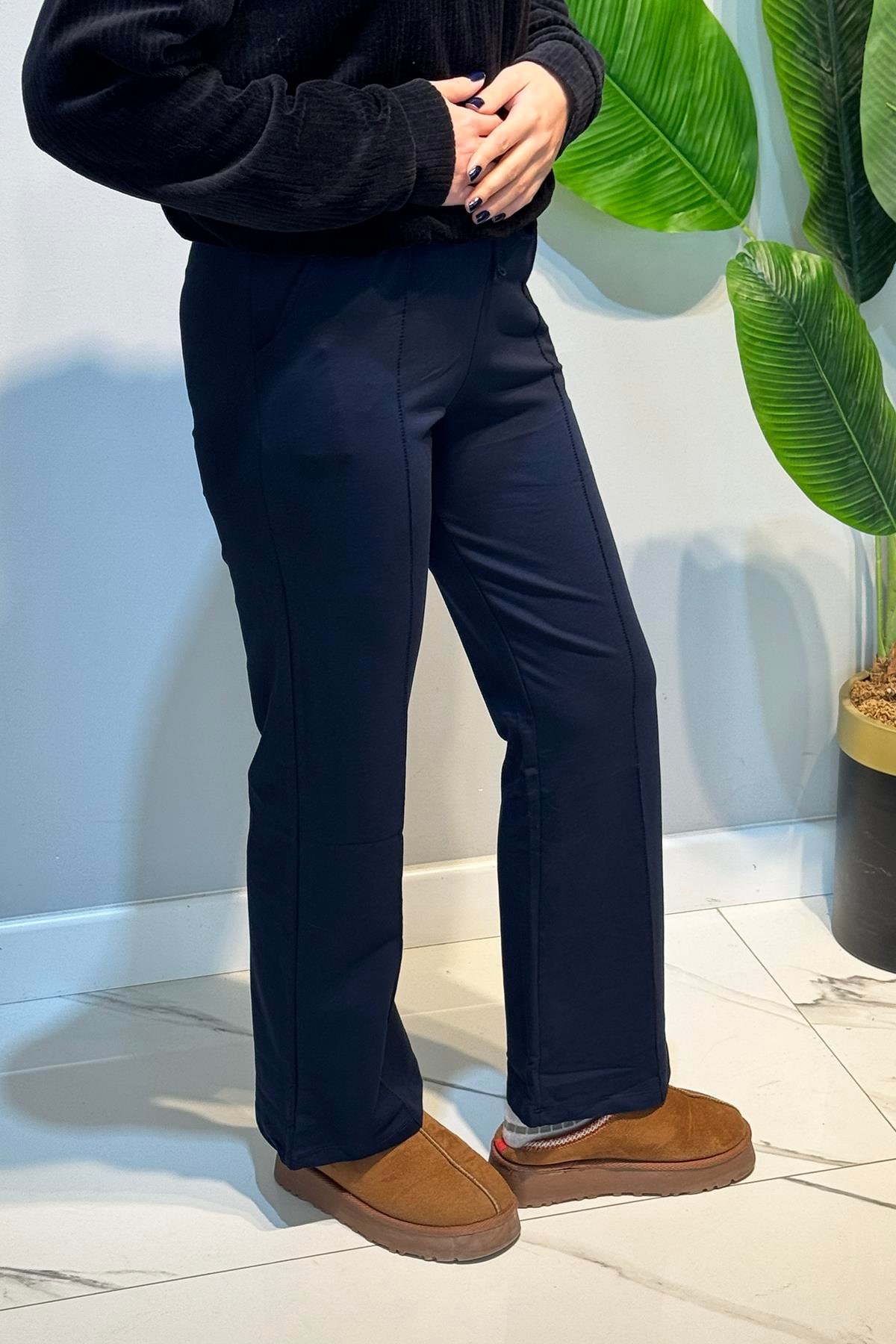Nervür Dikiş Beli Lastikli Bağcıklı Pantolon 1887 Lacivert