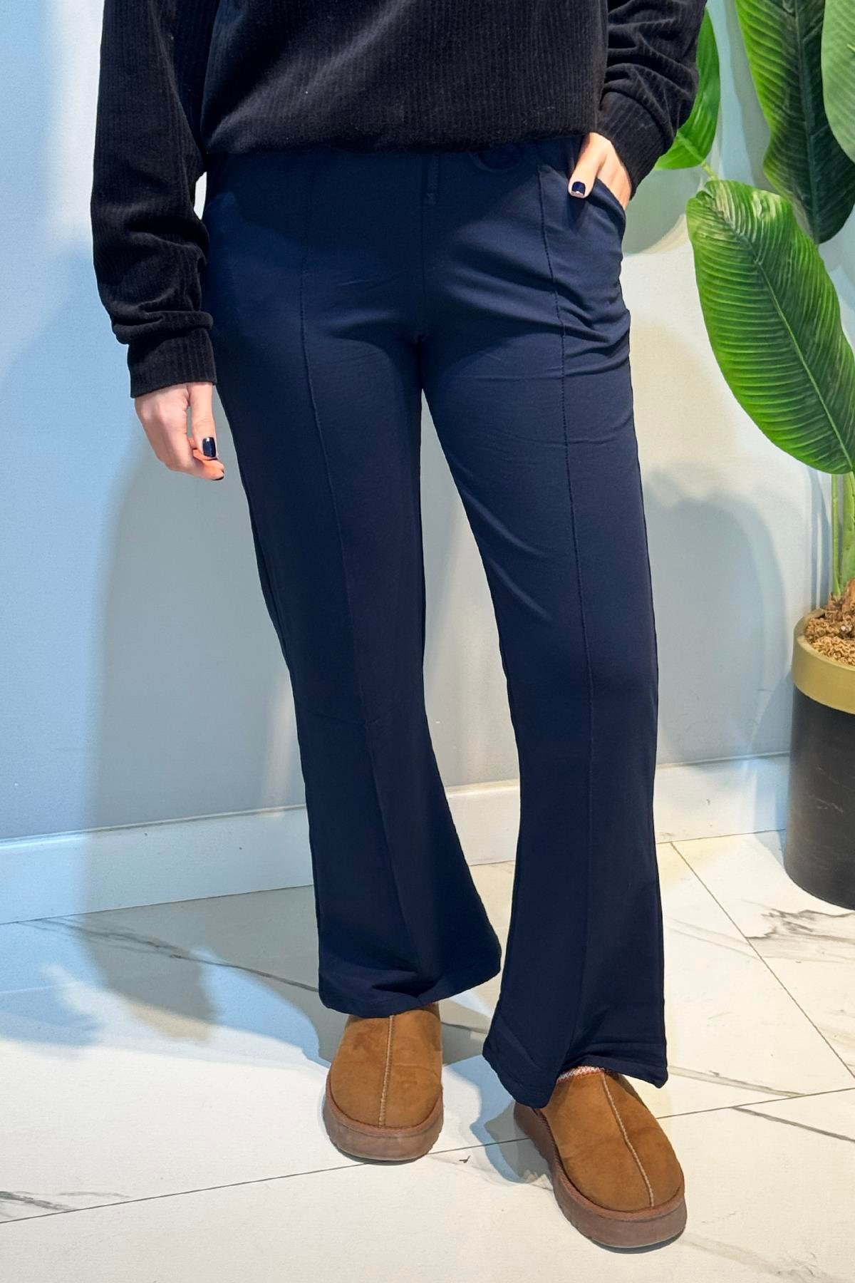 Nervür Dikiş Beli Lastikli Bağcıklı Pantolon 1887 Lacivert