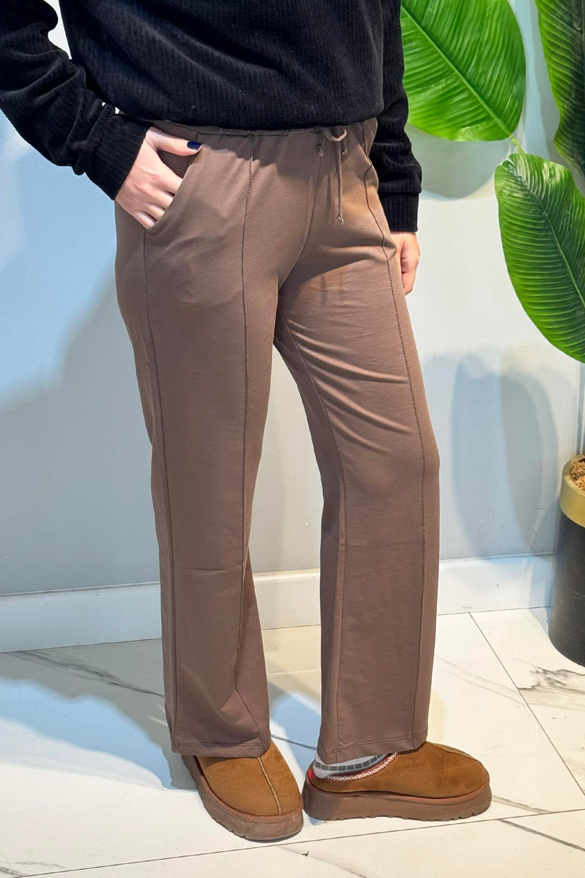 Nervür Dikiş Beli Lastikli Bağcıklı Pantolon 1887 Vizon