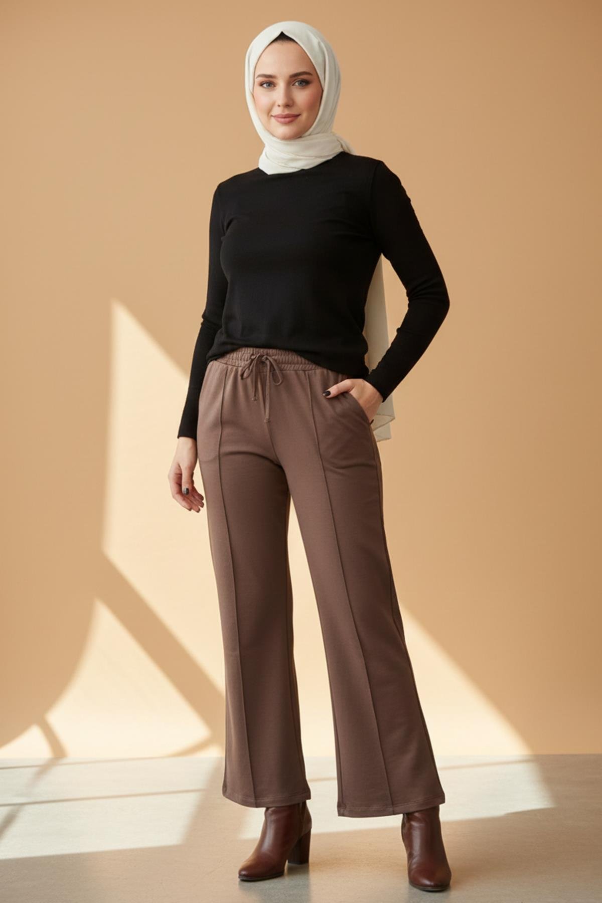 Nervür Dikiş Beli Lastikli Bağcıklı Pantolon 1887 Vizon