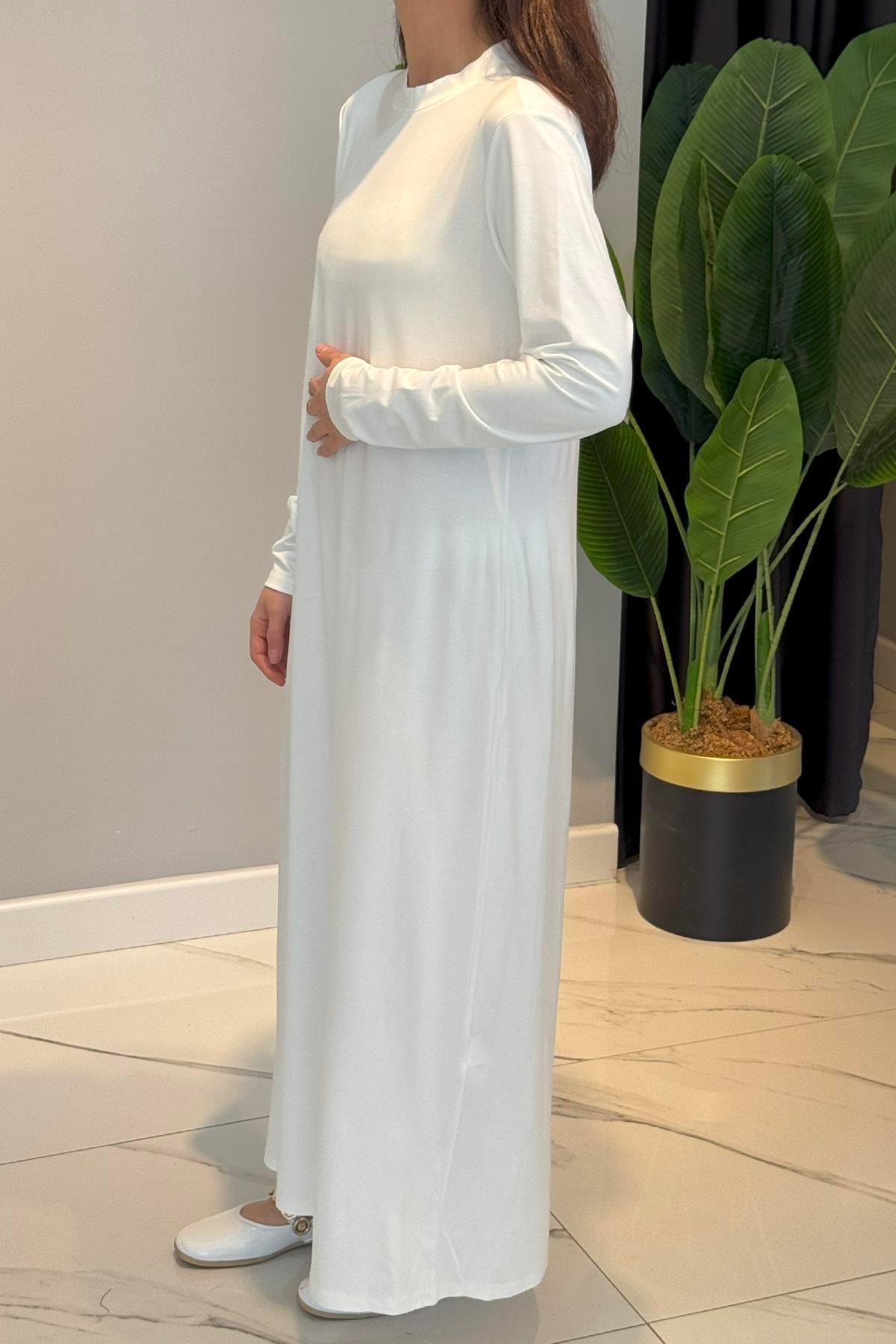 Nuss Basic Uzun Kol Elbise 2059 Ekru