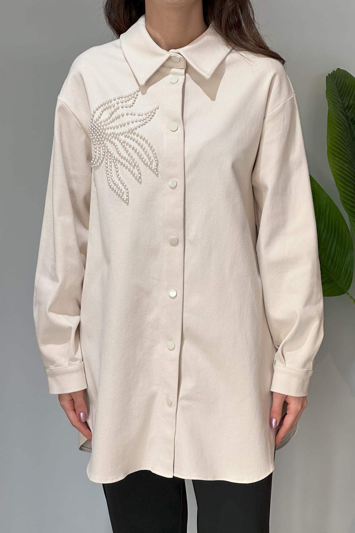 Nuss Boncuk Detaylı Gömlek Ceket 6021 Krem